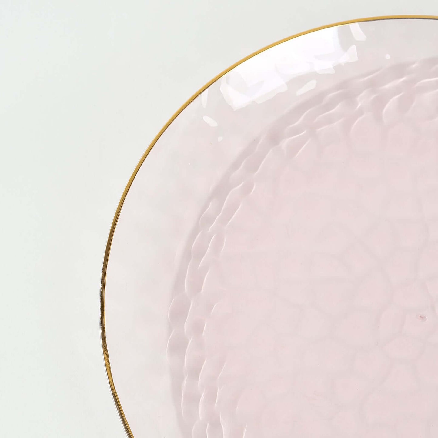 10-Pack Plastic 9" Round Dinner Plates in Transparent Blush Hammered Design with Gold Rim - Modern Disposable Party Plates