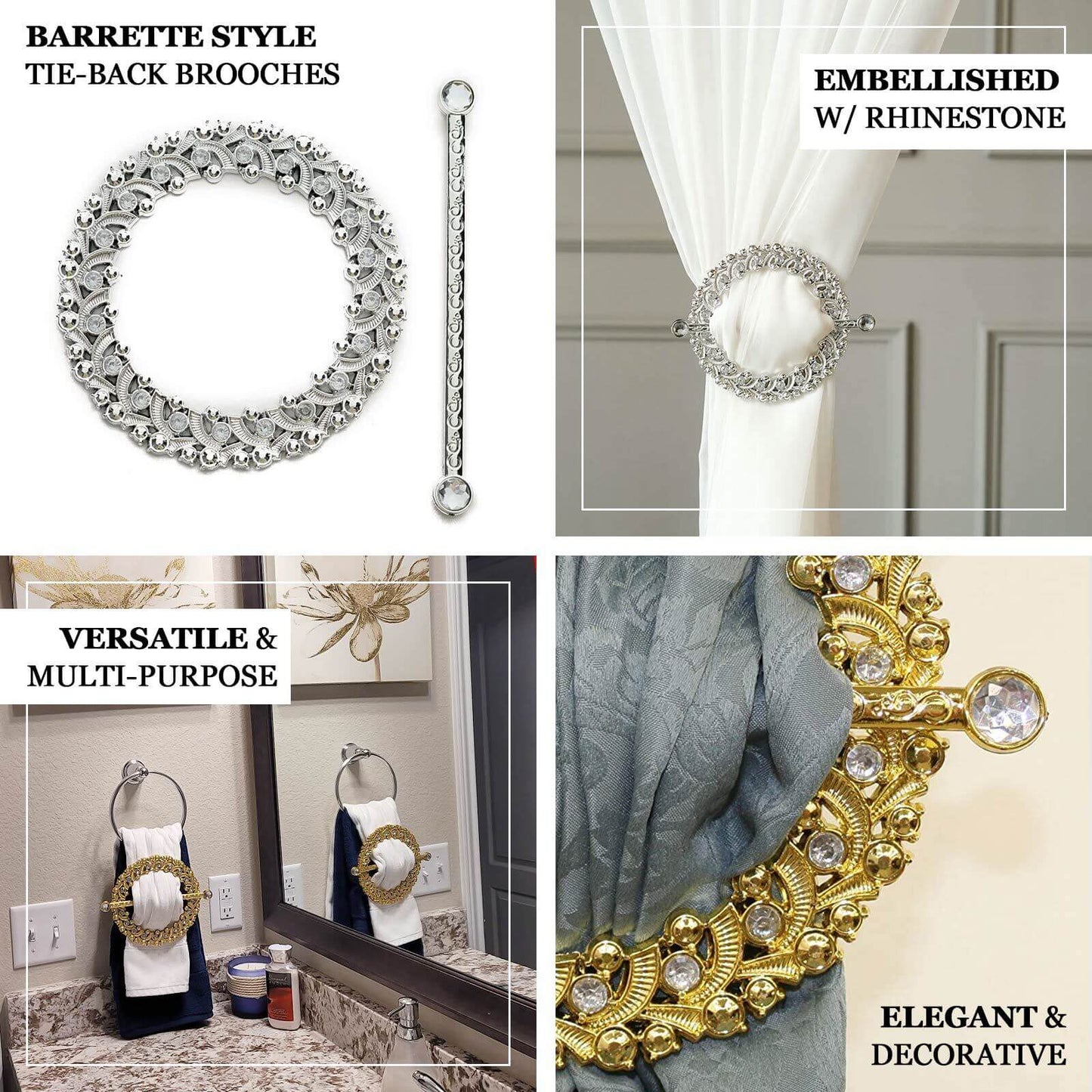 2 Pack 7" Silver Barrette Style Acrylic Crystal Curtain Tie Backs, Round Backdrop Drapery Brooch Holdbacks