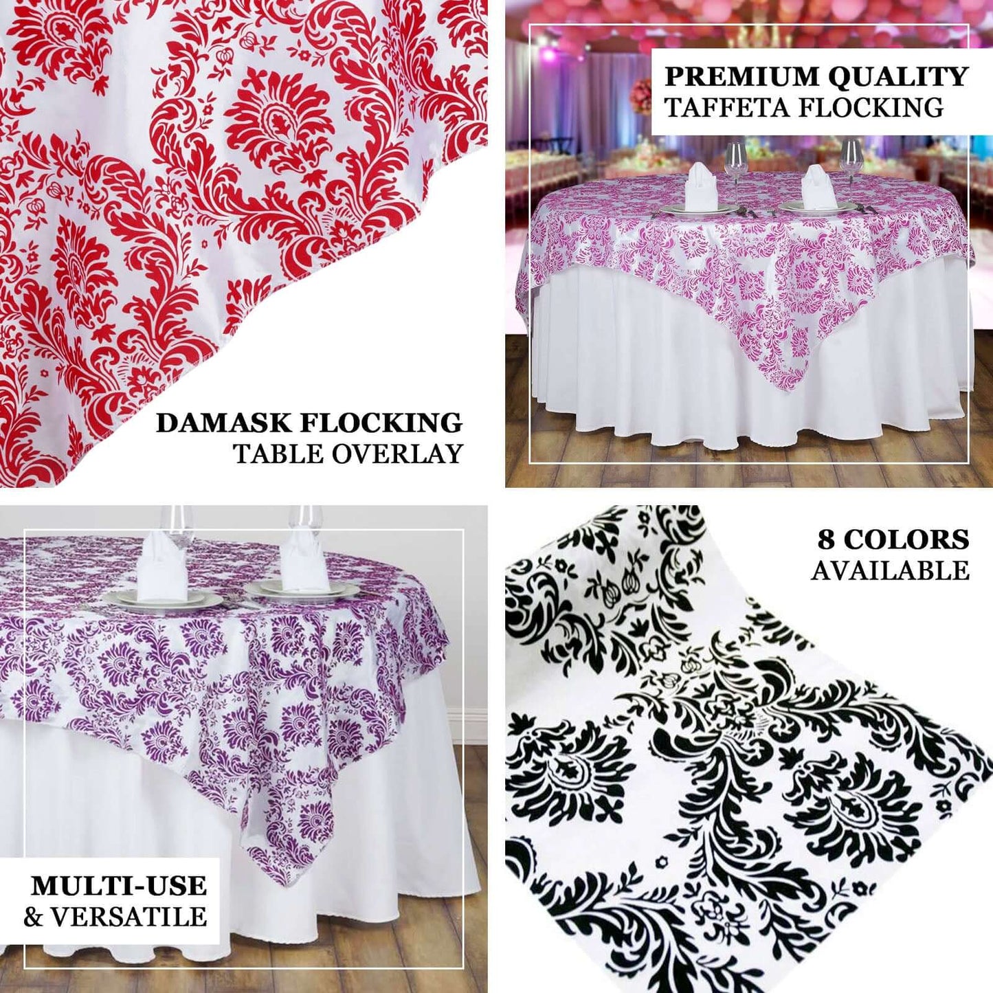 Flocking 90"x90" Table Overlay Square Tablecloth Black - Damask Design for Sophisticated Occasions