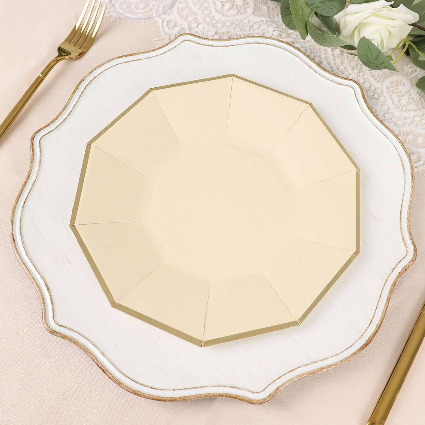 25-Pack Paper 9" Decagon Dinner Plates in Beige with Gold Foil Rim - Disposable Geometric Party Plates for Modern Weddings & Events