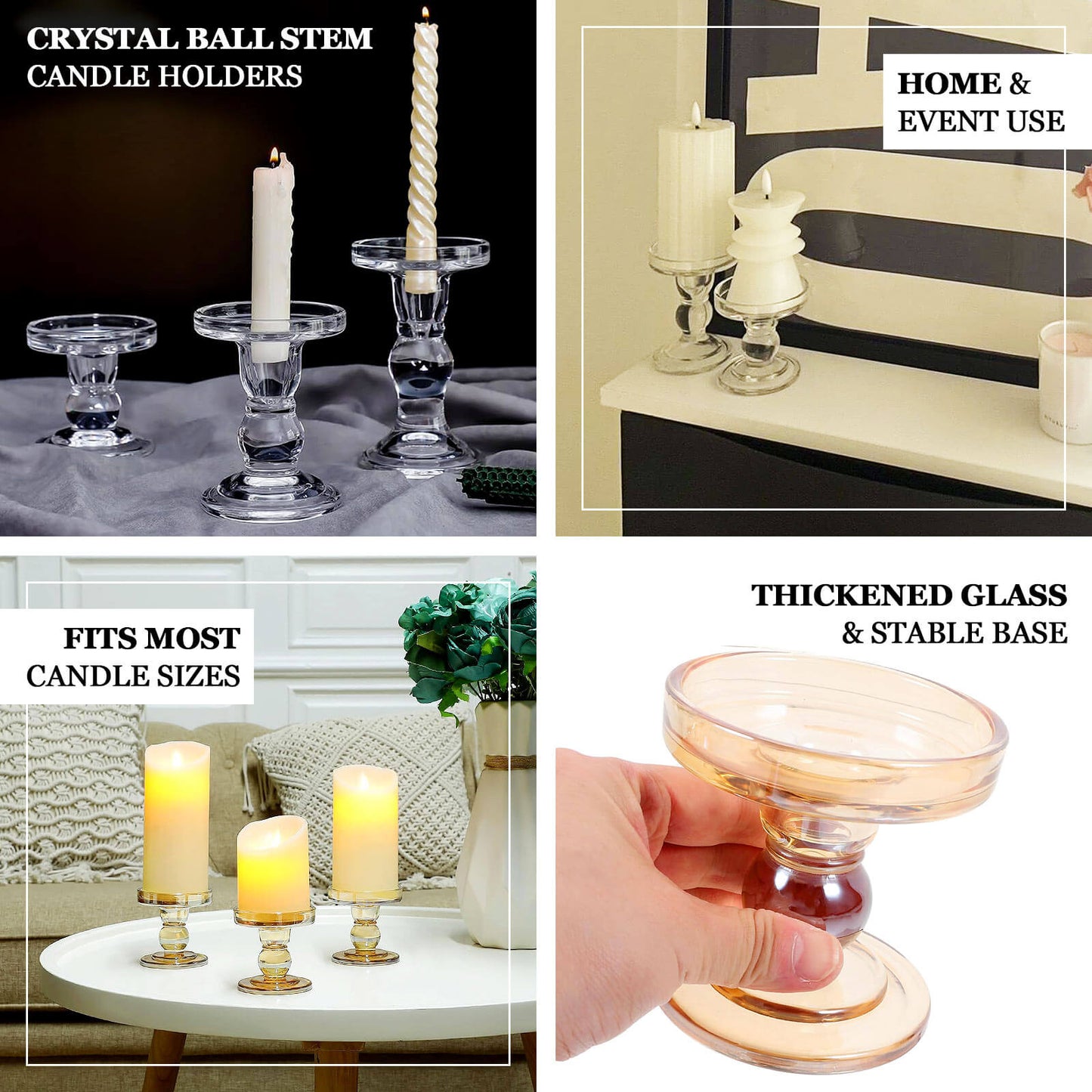Set of 3 Glass Pillar Candle Holders Amber Gold with Round Tray - Crystal Ball Stem Taper Candlestick Tea Light Stands 3.5", 4.5", 5.5"