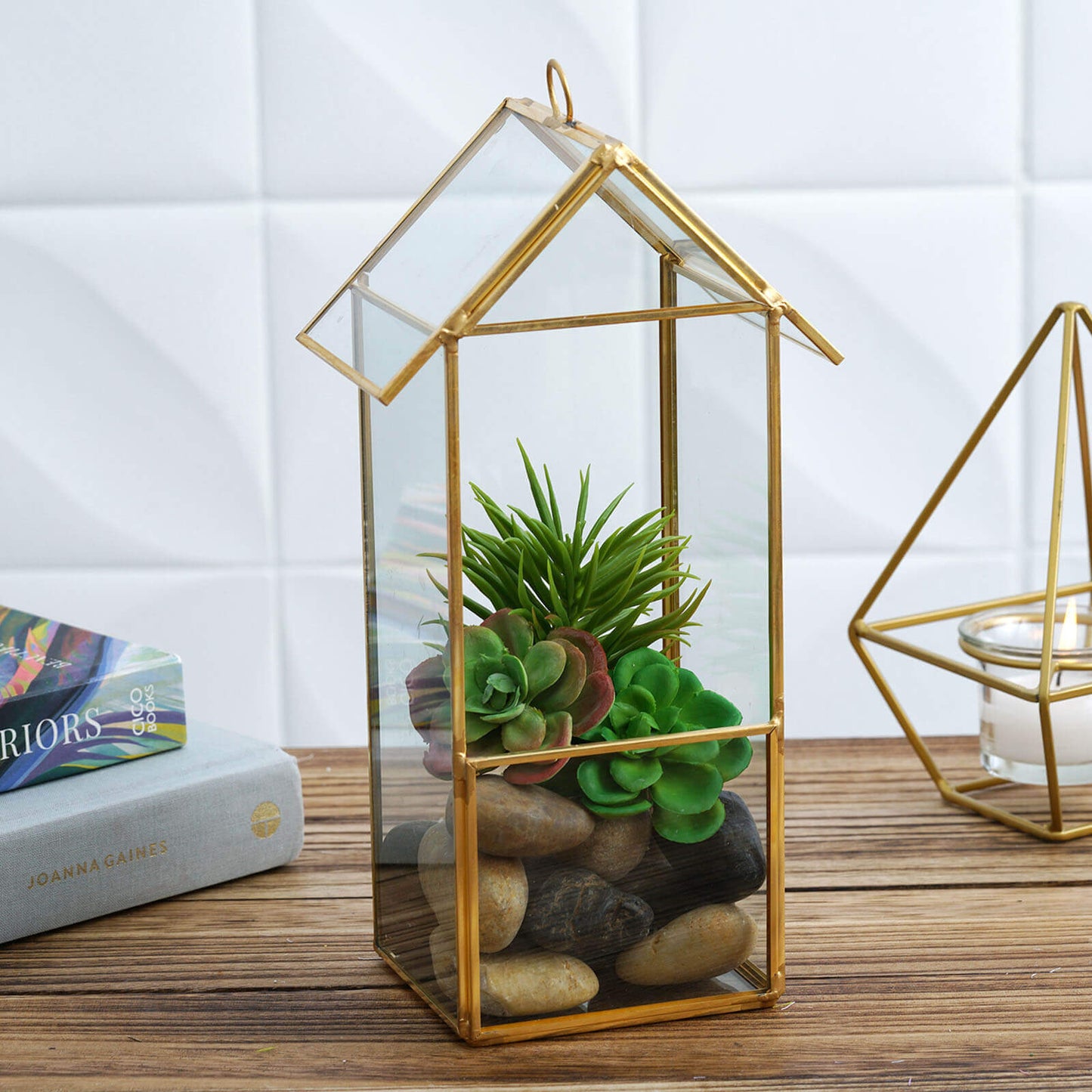 Glass Terrarium Hanging House Lantern Design Metal Gold - Versatile Holder for Air Plants & Displays 11"