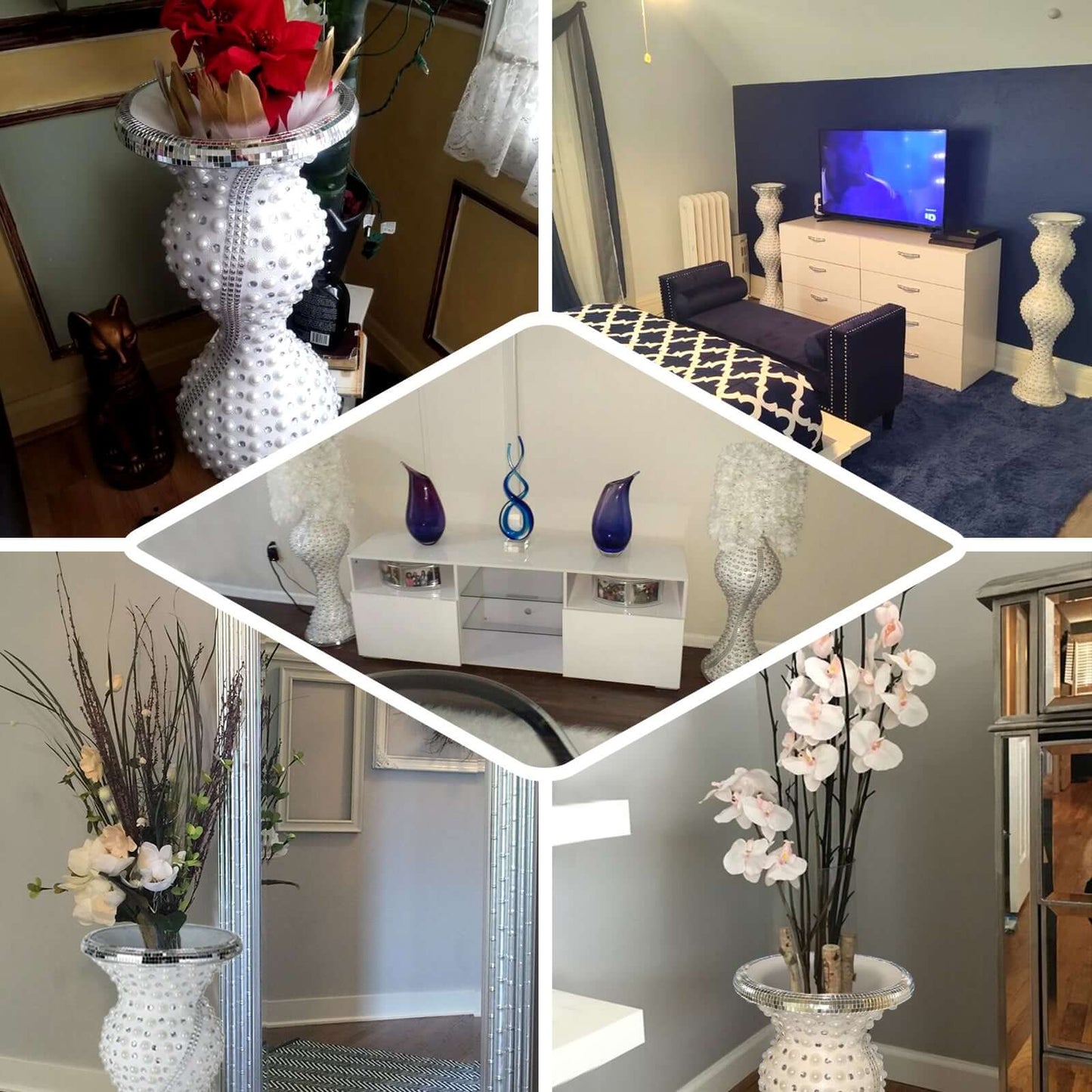 40" Magical Mermaid Style Mirror Mosaic and Pearl Studded Floor Vase