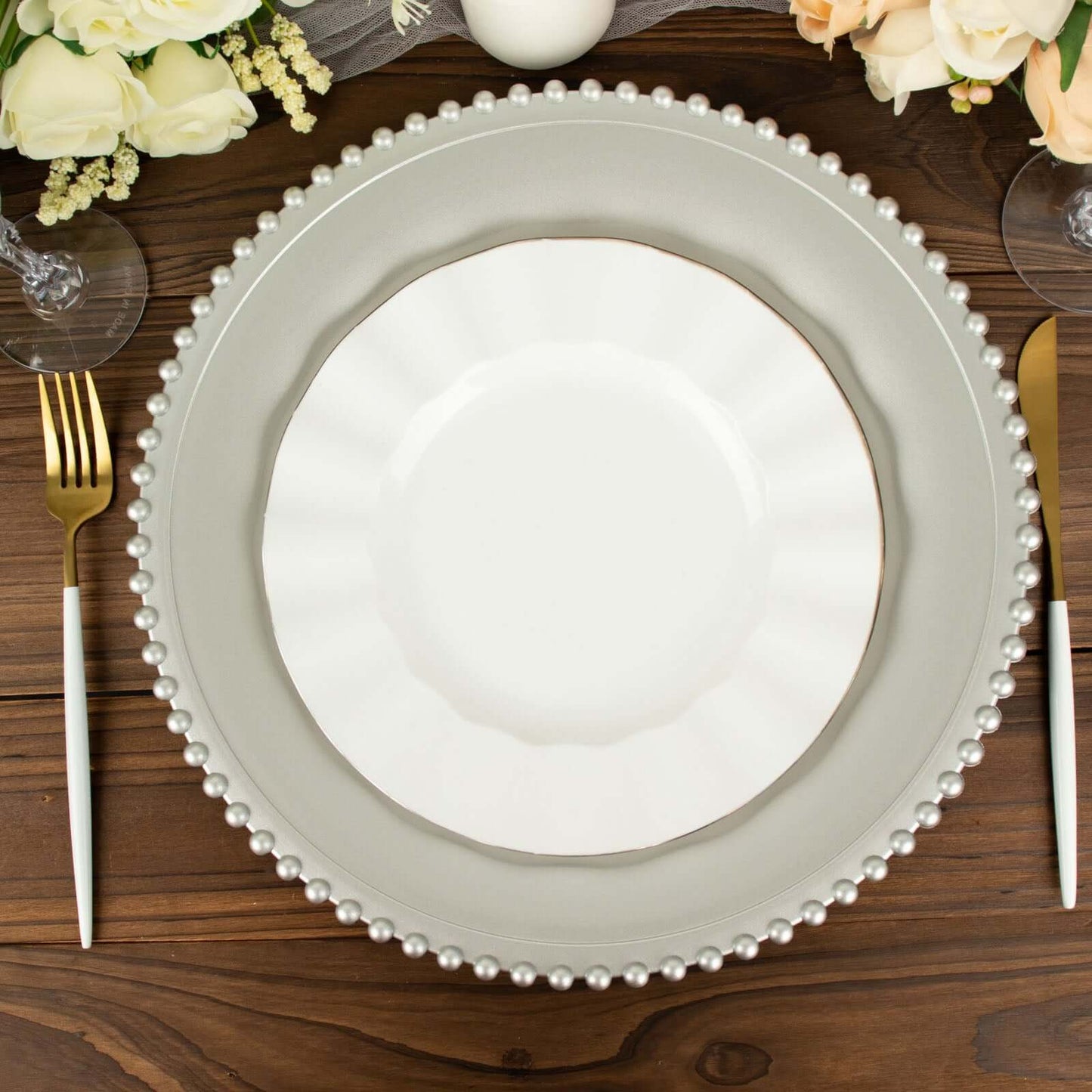 6-Pack Acrylic Round Charger Plates 13" in Silver with Beaded Rim, Decorative Dinner Party Charger Tableware