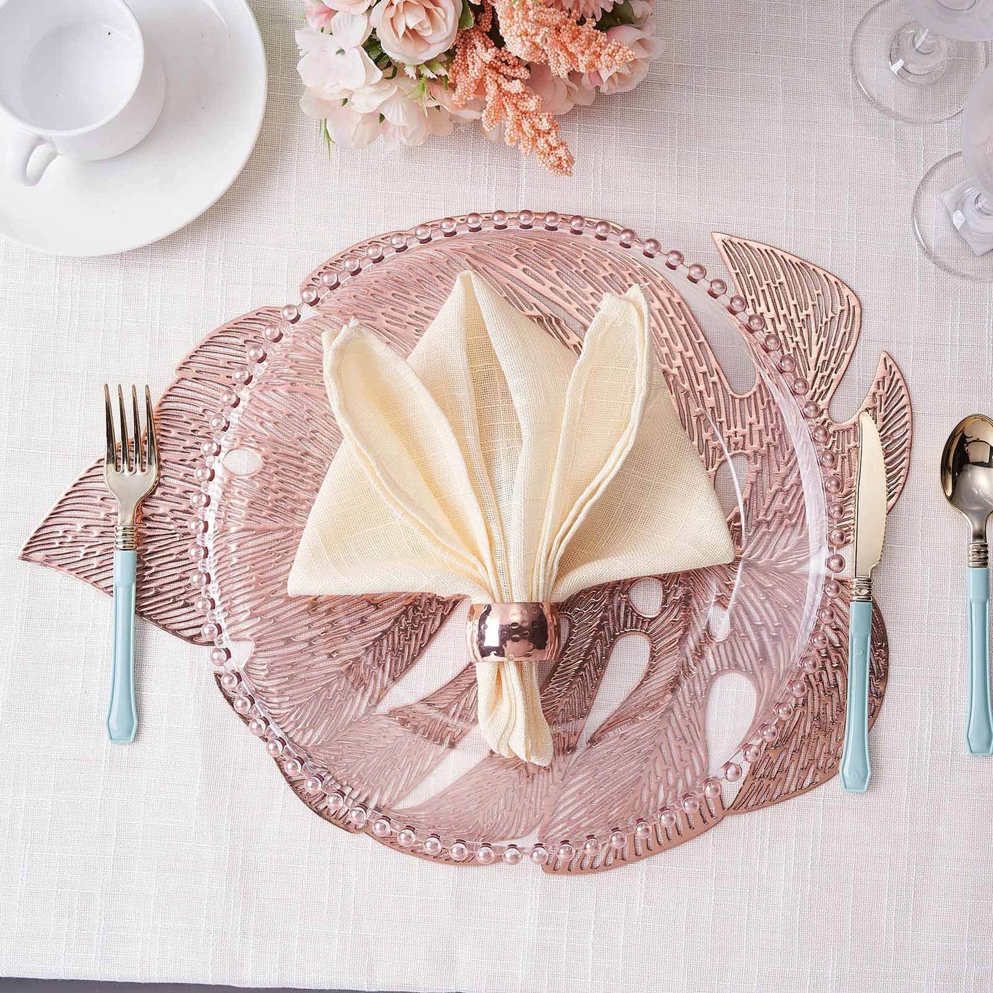 6-Pack Dining Table Mats Monstera Leaf Design Rose Gold - Vinyl Non-Slip Surface for Tropical Themes 18"