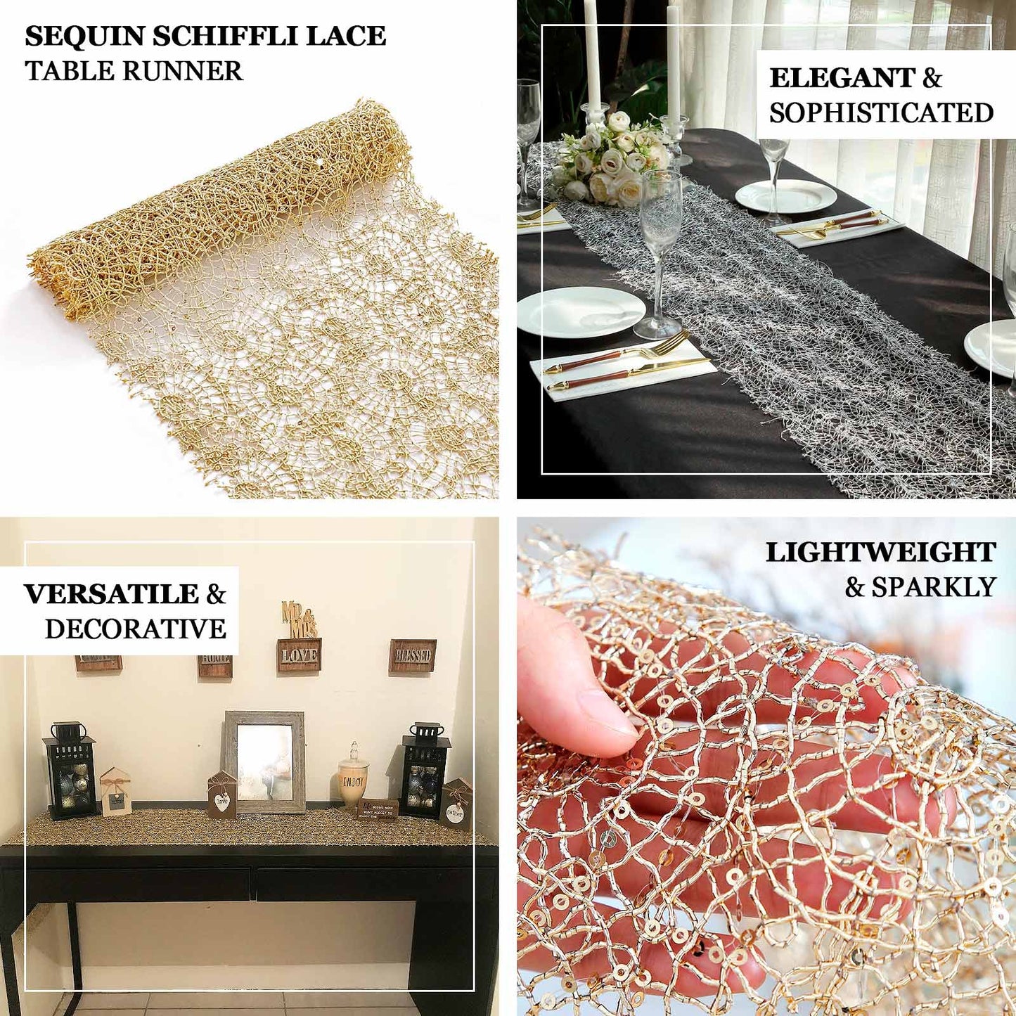 Mesh 12"x108" Table Runner Gold - Sequin Schiffli Lace Design for Stylish Celebrations