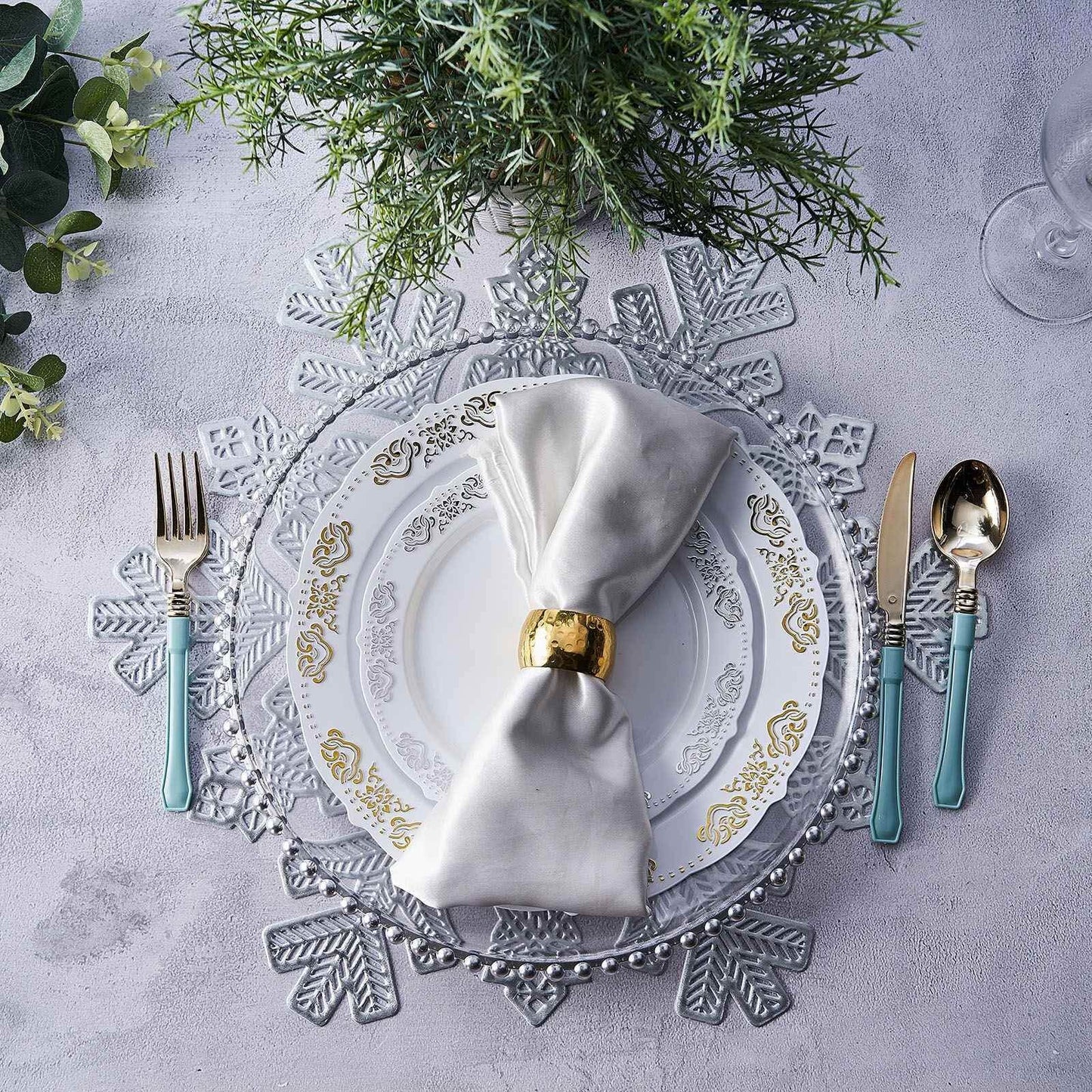 6-Pack Dining Table Mats Snowflake Design Silver - Vinyl Non-Slip Surface for Winter Decor 18"