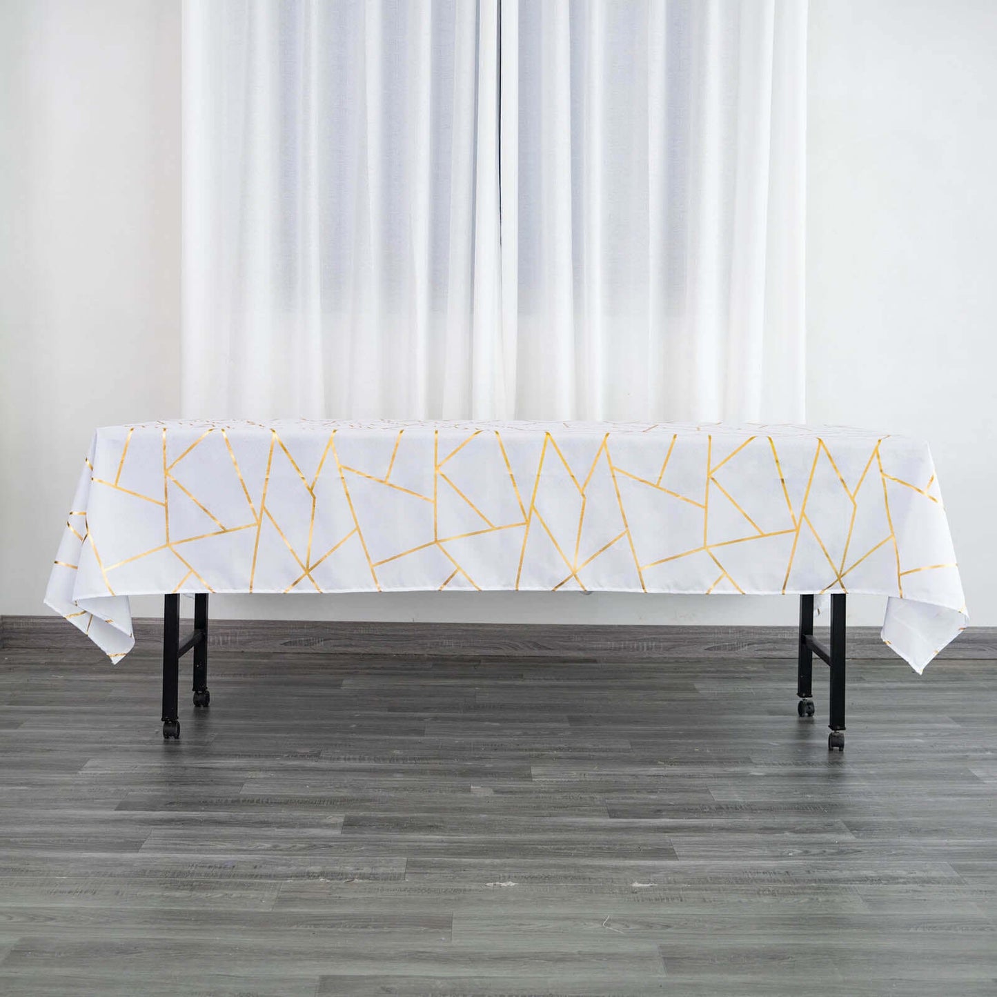 Polyester 60"x102" Rectangle Tablecloth White with Gold Foil Geometric Pattern - Wrinkle-Resistant and Durable Table Cover for Weddings & Events