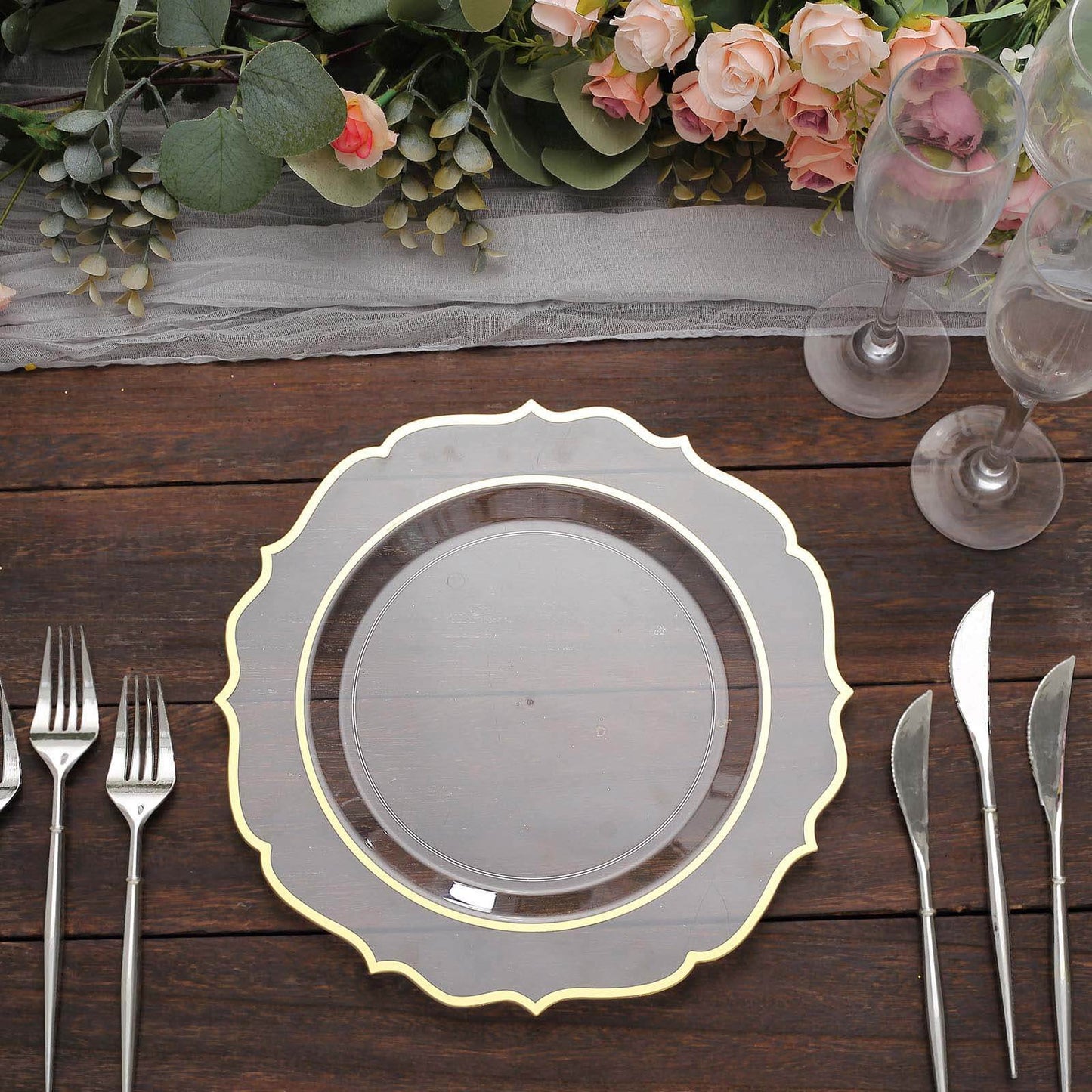 10-Pack Plastic 10" Round Dinner Plates in Clear with Gold Scalloped Rim - Disposable Party Plates