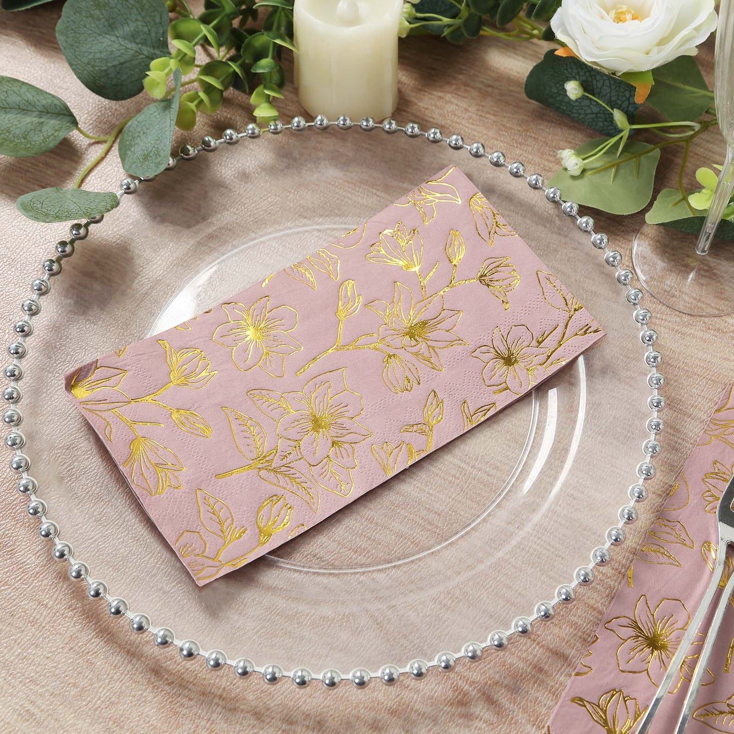 50-Pack Paper Dinner Napkins Dusty Rose with Gold Magnolia Flowers Print 2-Ply - Disposable Soft Napkins for Parties
