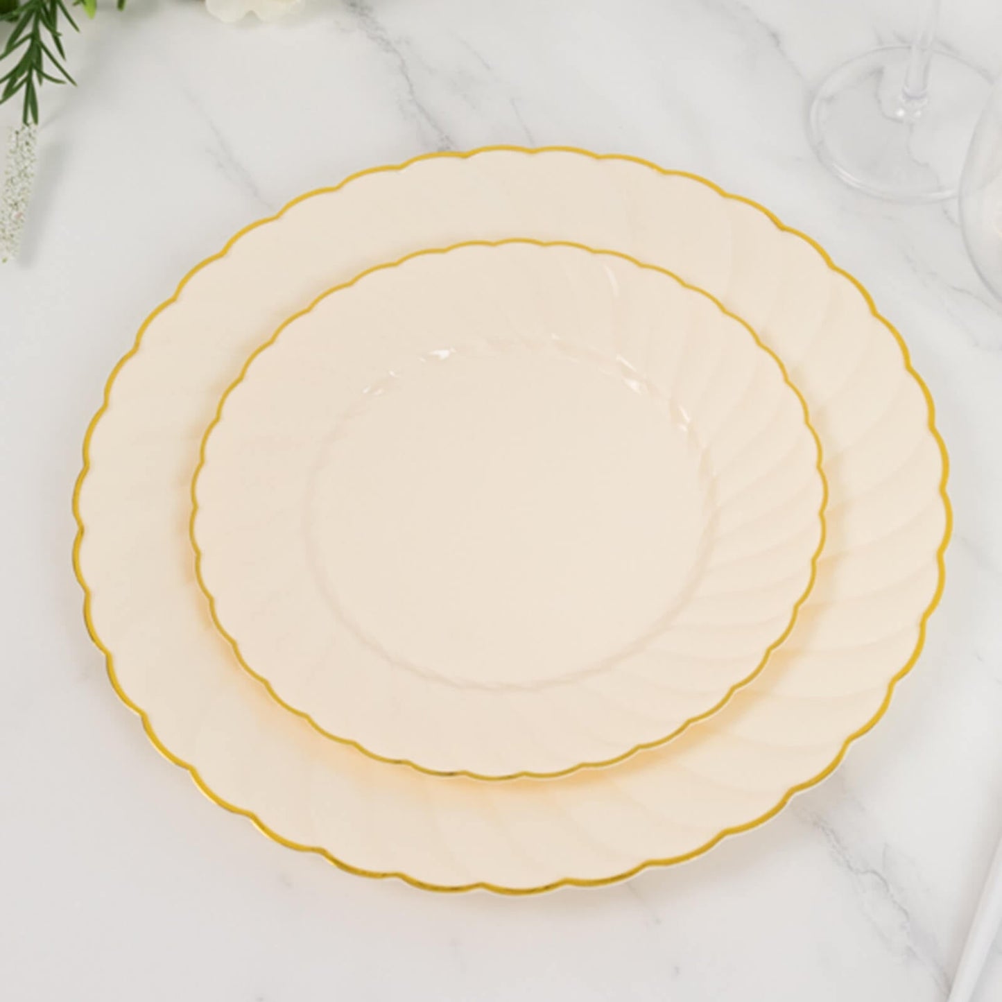10-Pack Plastic 7.5" Round Salad Dessert Plates in Ivory with Gold Flair Rim - Disposable Party Plates