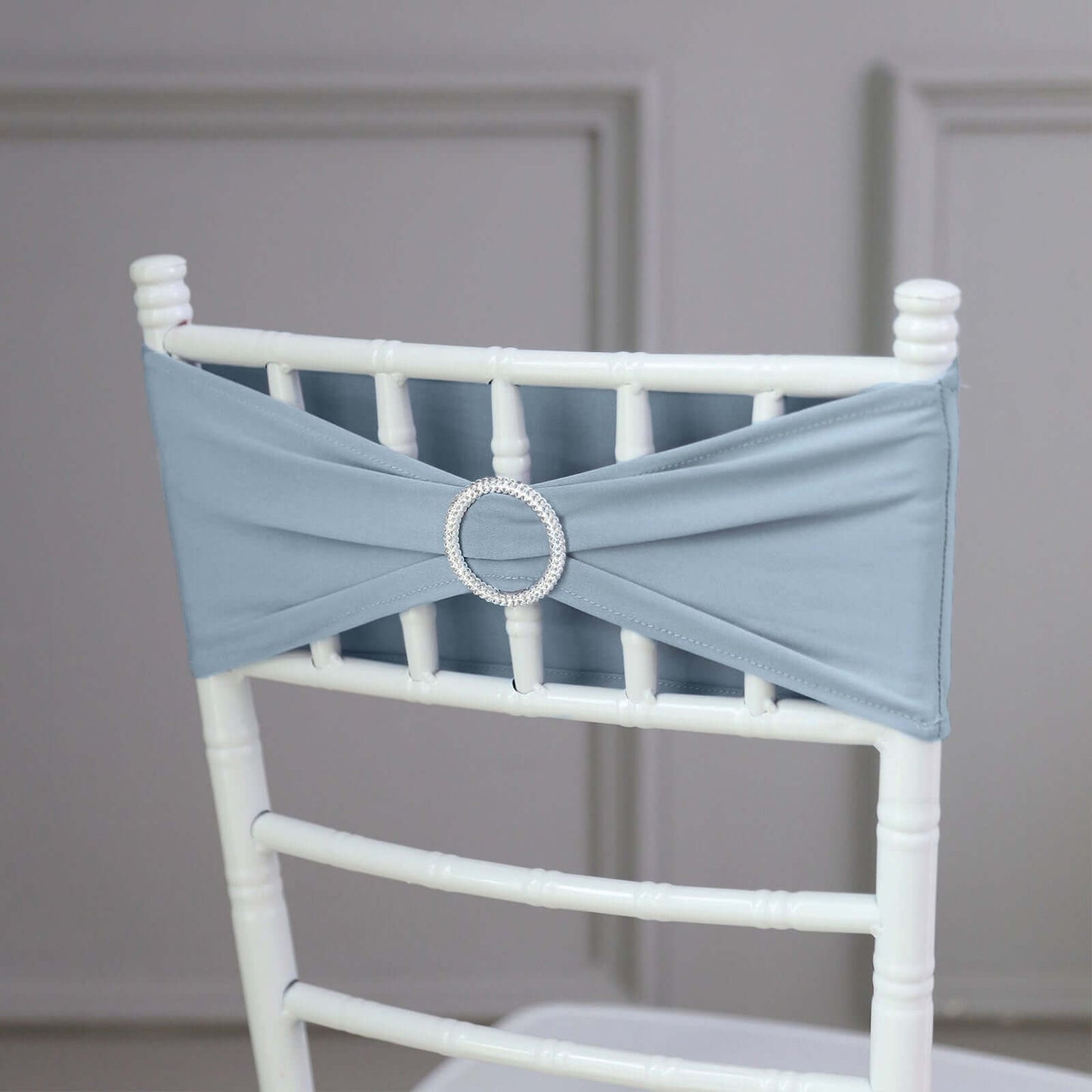 5 Pack Stretch Spandex Chair Sashes Dusty Blue - Reusable Chair Bands with Silver Diamond Ring Slide Buckle 5"x14"