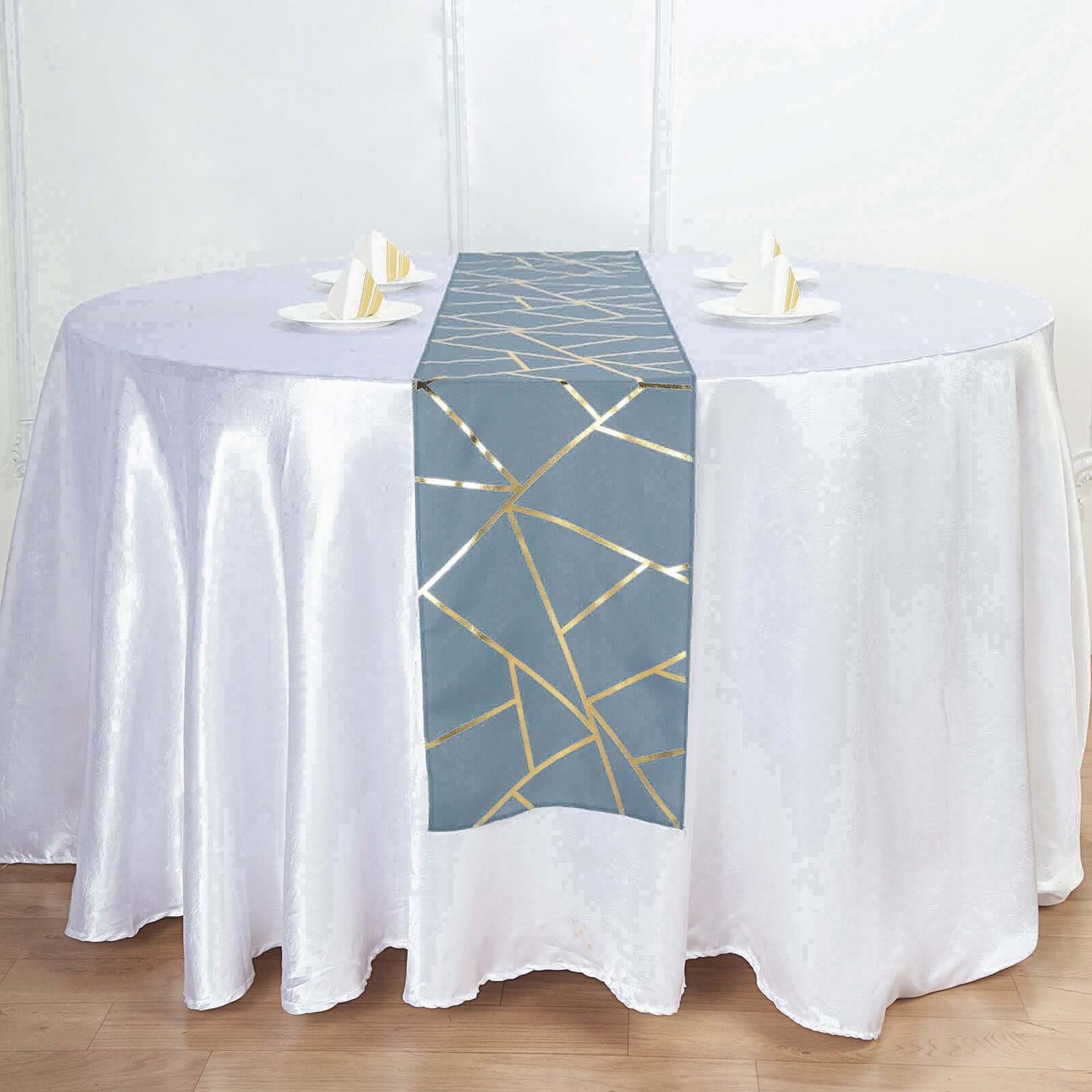 Polyester 9ft Table Runner Dusty Blue with Gold Foil Modern Geometric Accent