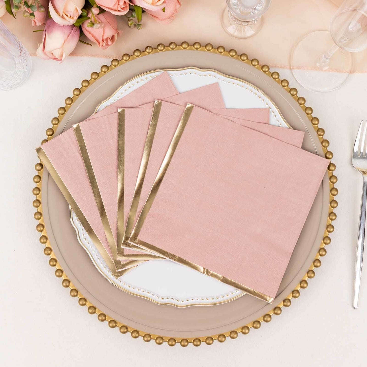 50-Pack Paper Beverage Napkins with Gold Foil Edge Dusty Rose - Disposable 2 Ply Cocktail Napkins for Events 6.5"x6.5"