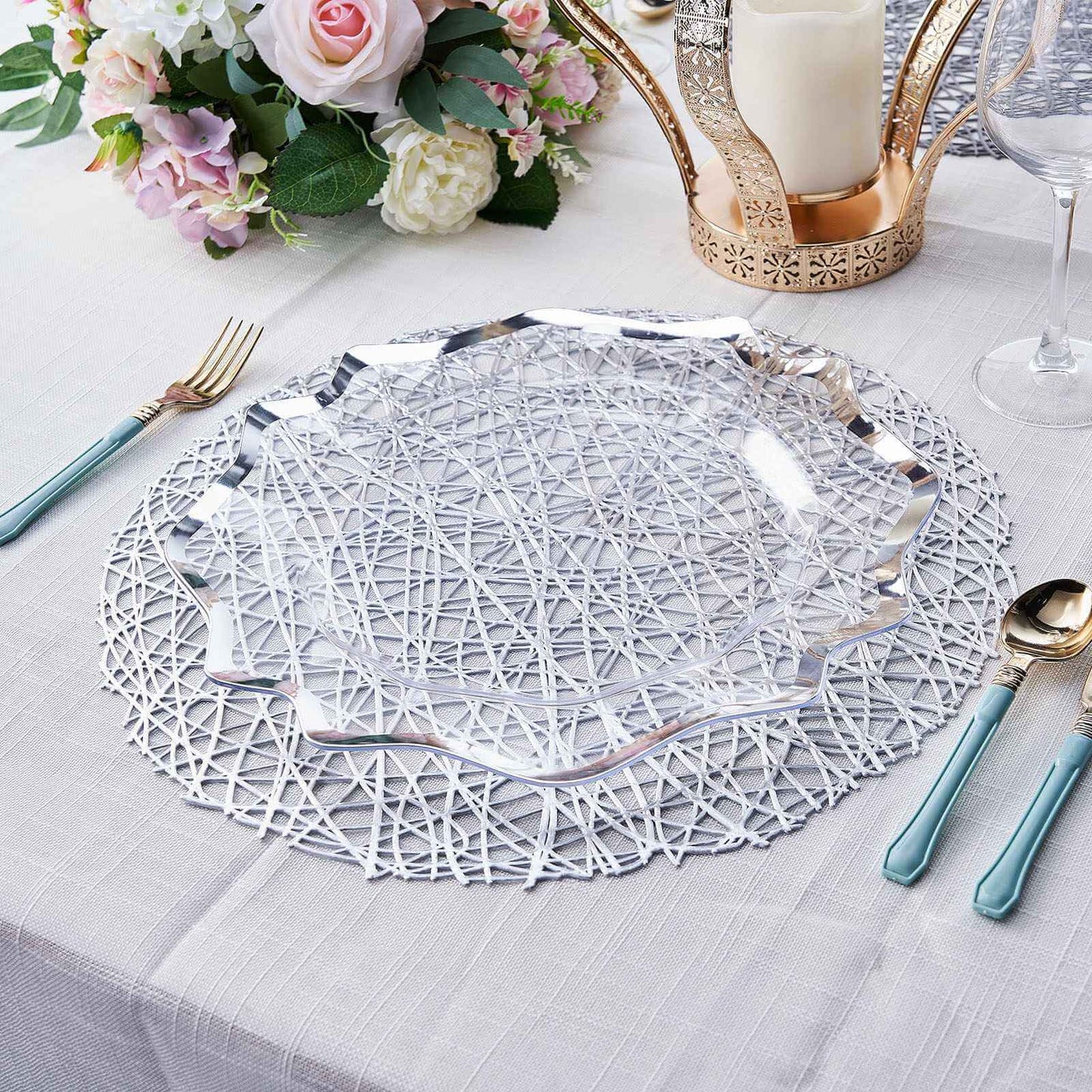 6-Pack Vinyl Placemats Silver Woven Design - Durable Non-Slip Round Table Mats for Dining 15"