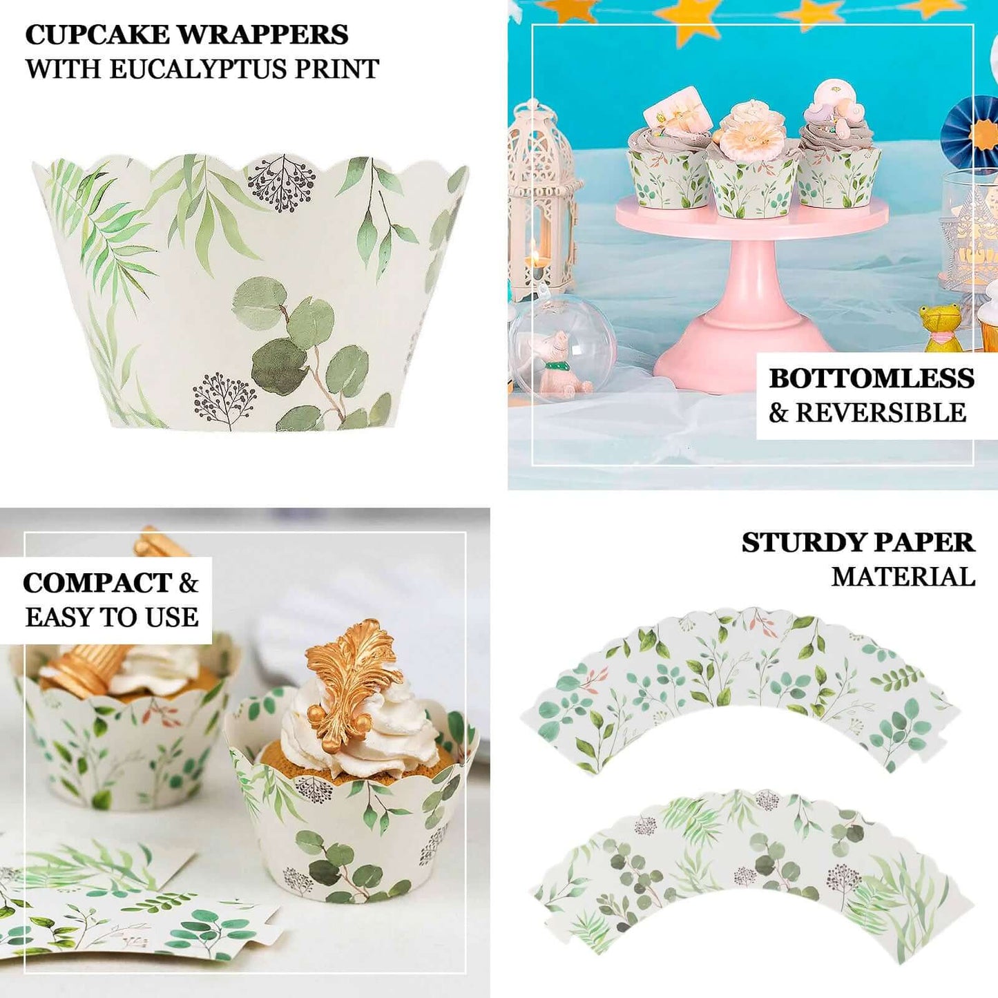 25-Pack Paper Cupcake Wrappers Eucalyptus Leaves Print White Green - Round Muffin Truffle Cup Liners 3"