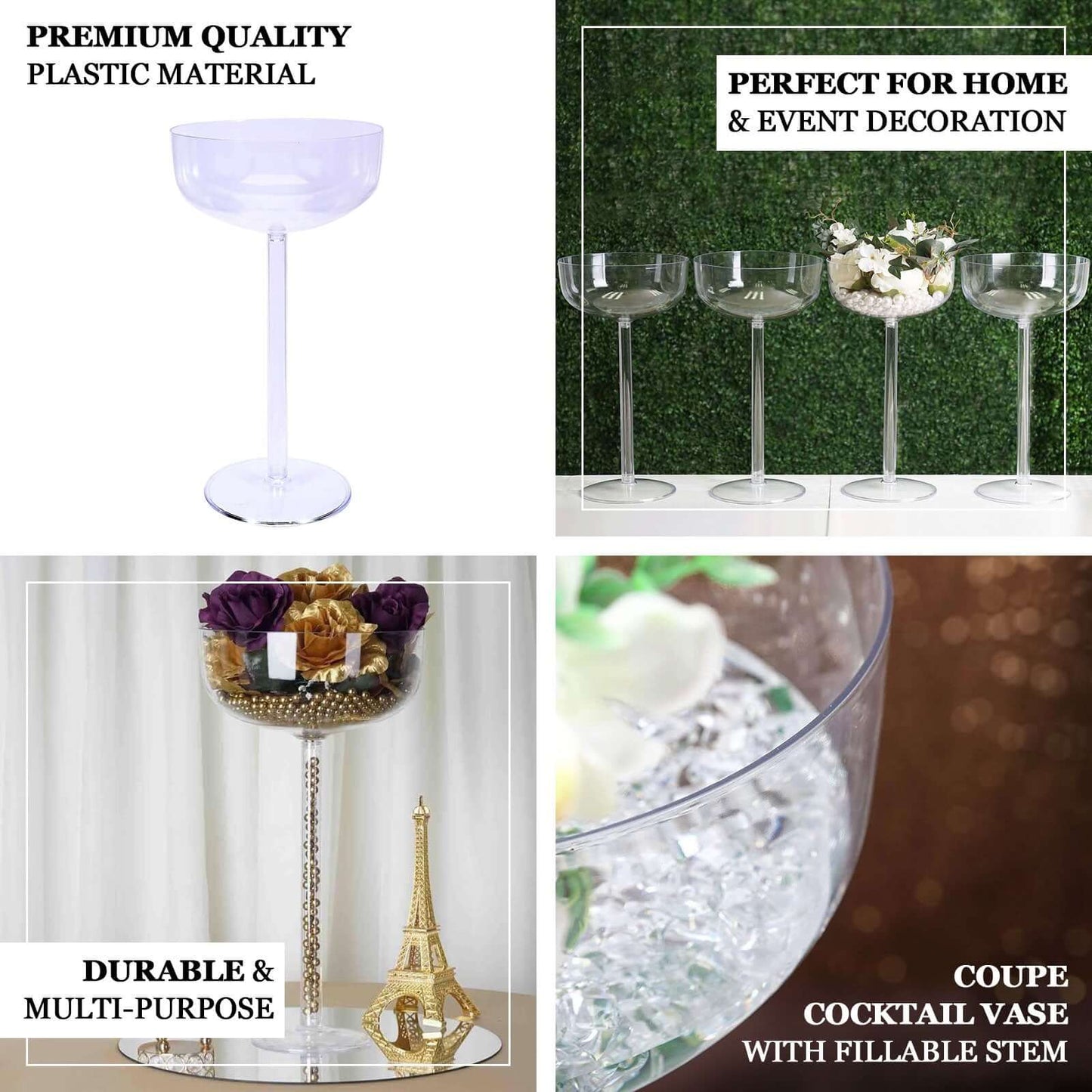 4-Pack Plastic Flower Vases Champagne Glass Design Clear - Fillable Long Stem Centerpieces for Events 18"