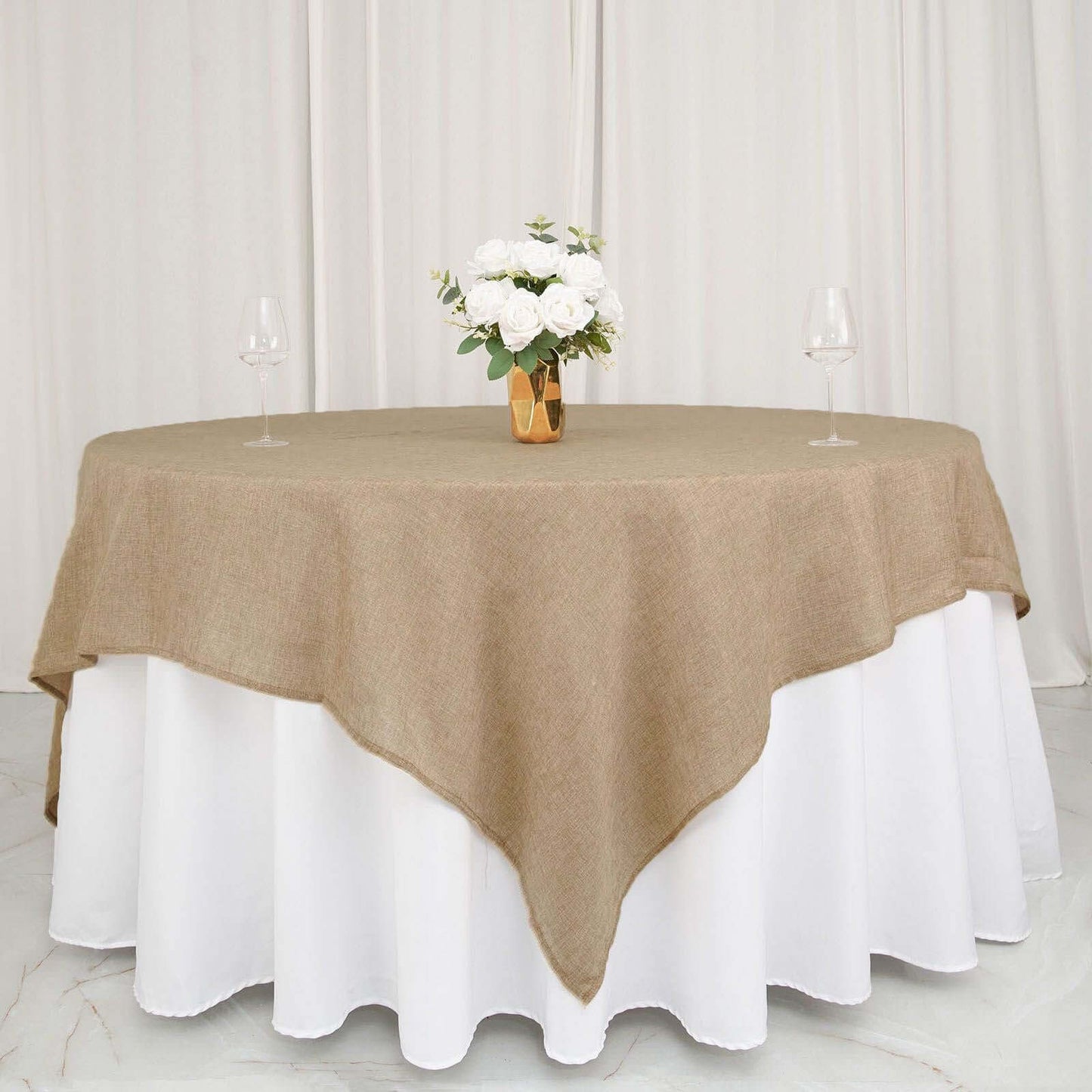 Faux Burlap 90"x90" Table Overlay Square Tablecloth Natural - Boho Chic Design for Stylish Celebrations