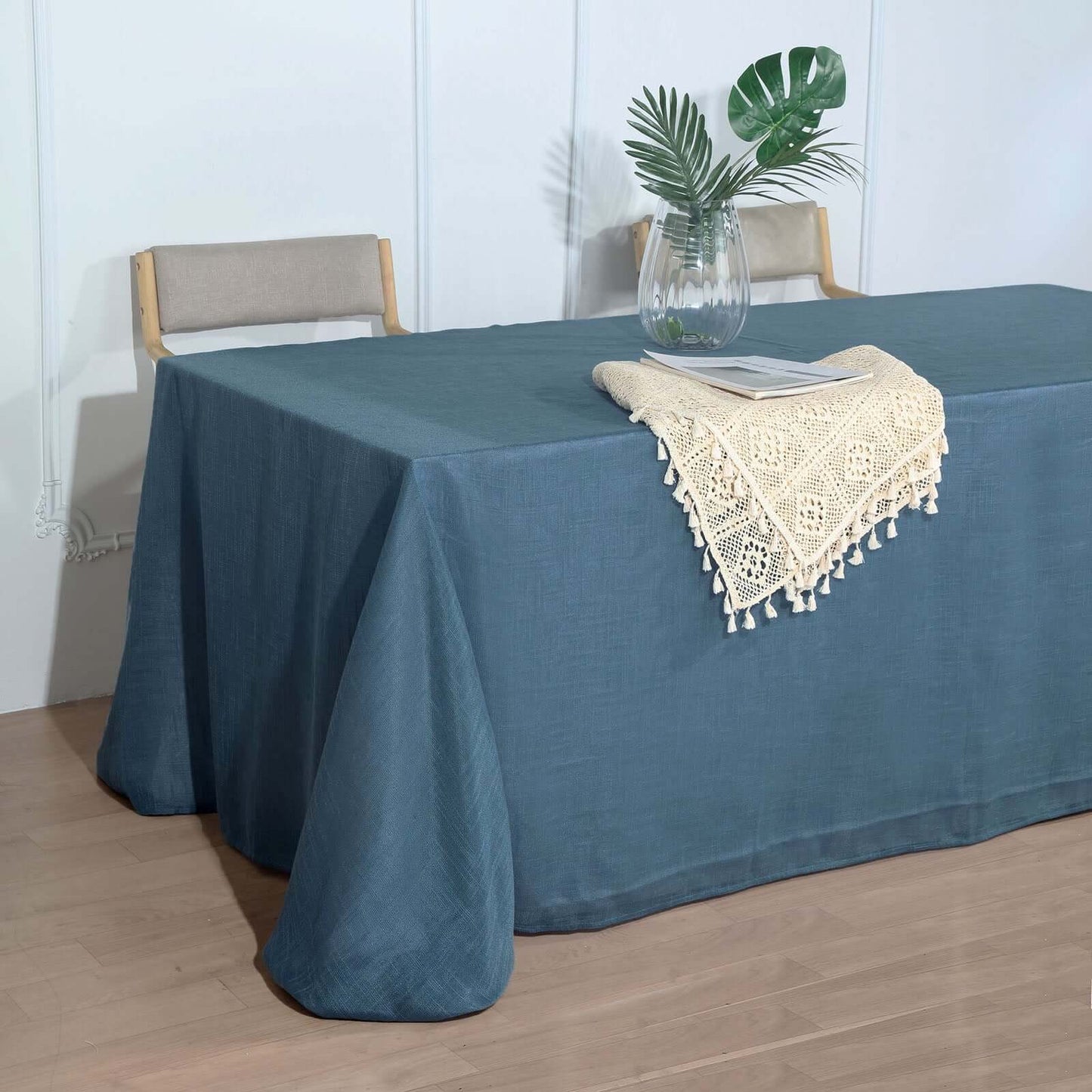 Faux Linen 90"x132" Rectangular Tablecloth Blue - Slubby Texture Wrinkle-Resistant Seamless Table Cover