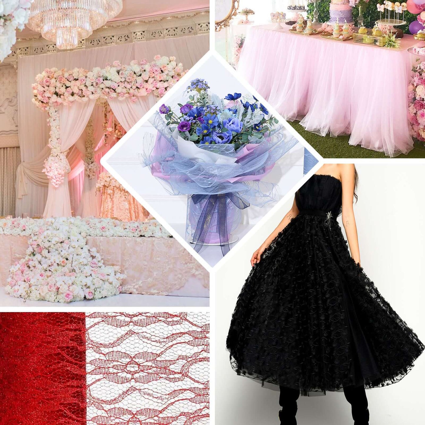 6"X10 Yards Fuchsia Floral Lace Shimmer Glitter Tulle Fabric Bolt