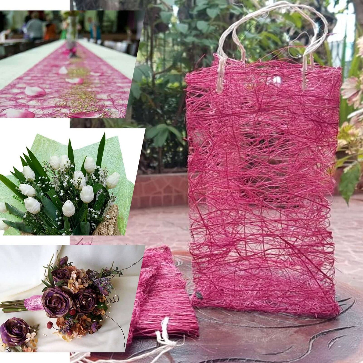 19"x5 Yards Fuchsia Glitter Deco Mesh Abaca Scrunch Roll, Wholesale Fabric