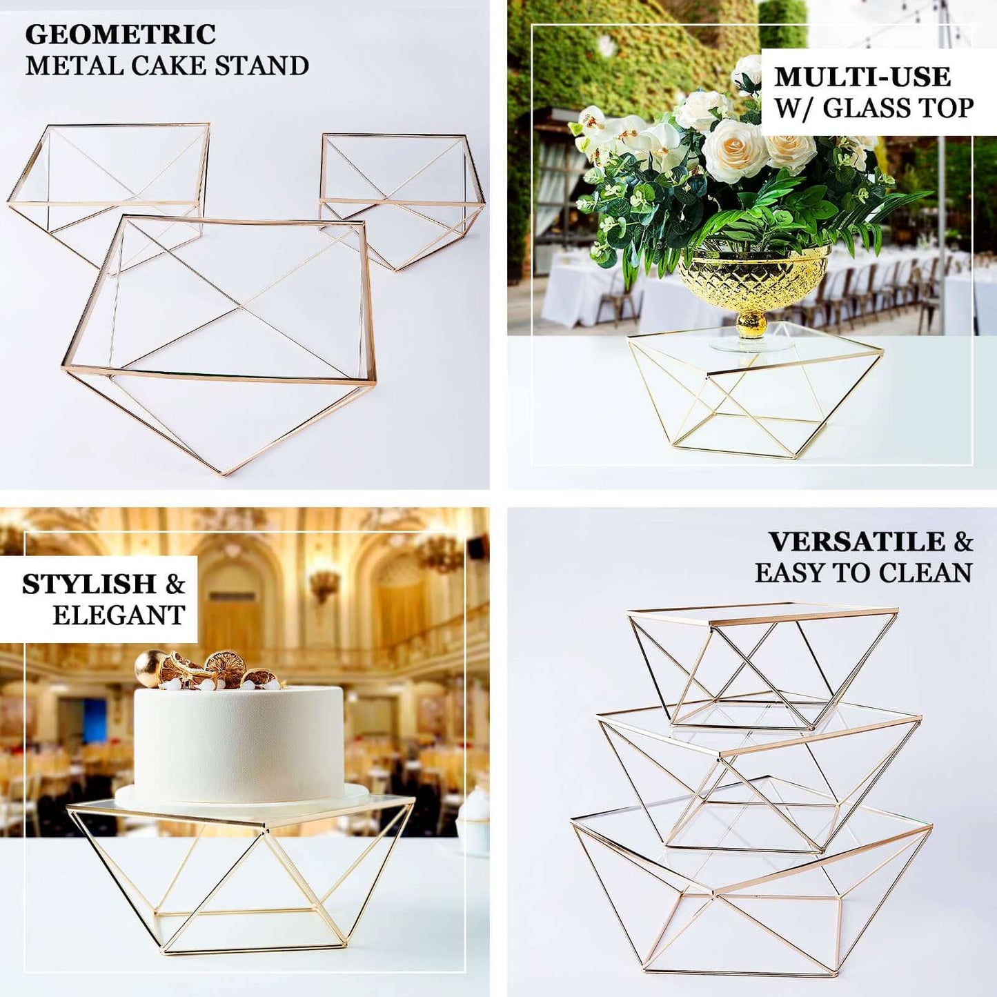 Metal Cake Stand Geometric Pedestal Riser Design Gold with Square Glass Top - Display Centerpiece 14"
