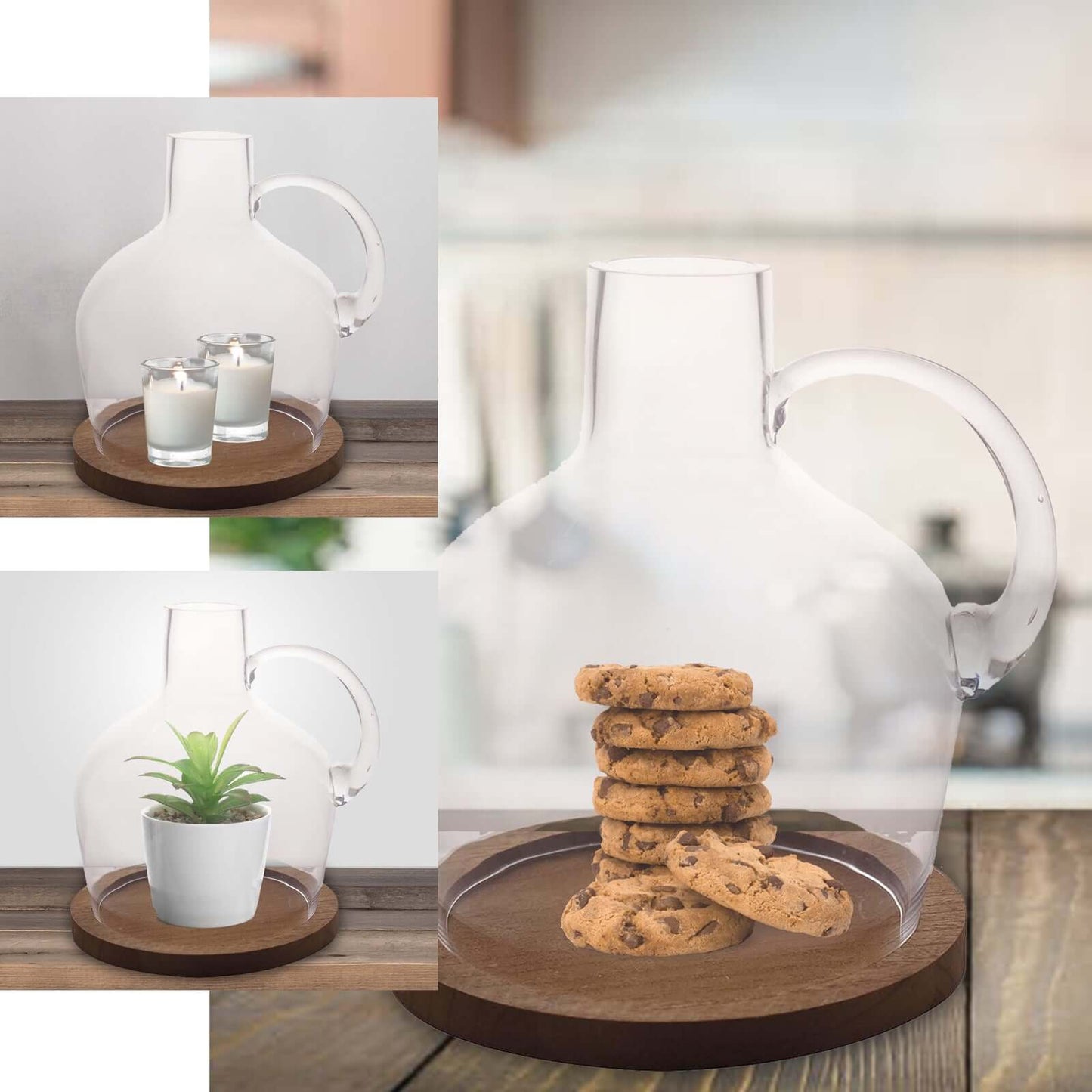 Glass Candle Holder Cloche Jar Dome Clear with Wooden Base - Stylish Centerpiece for Floral Displays 10"