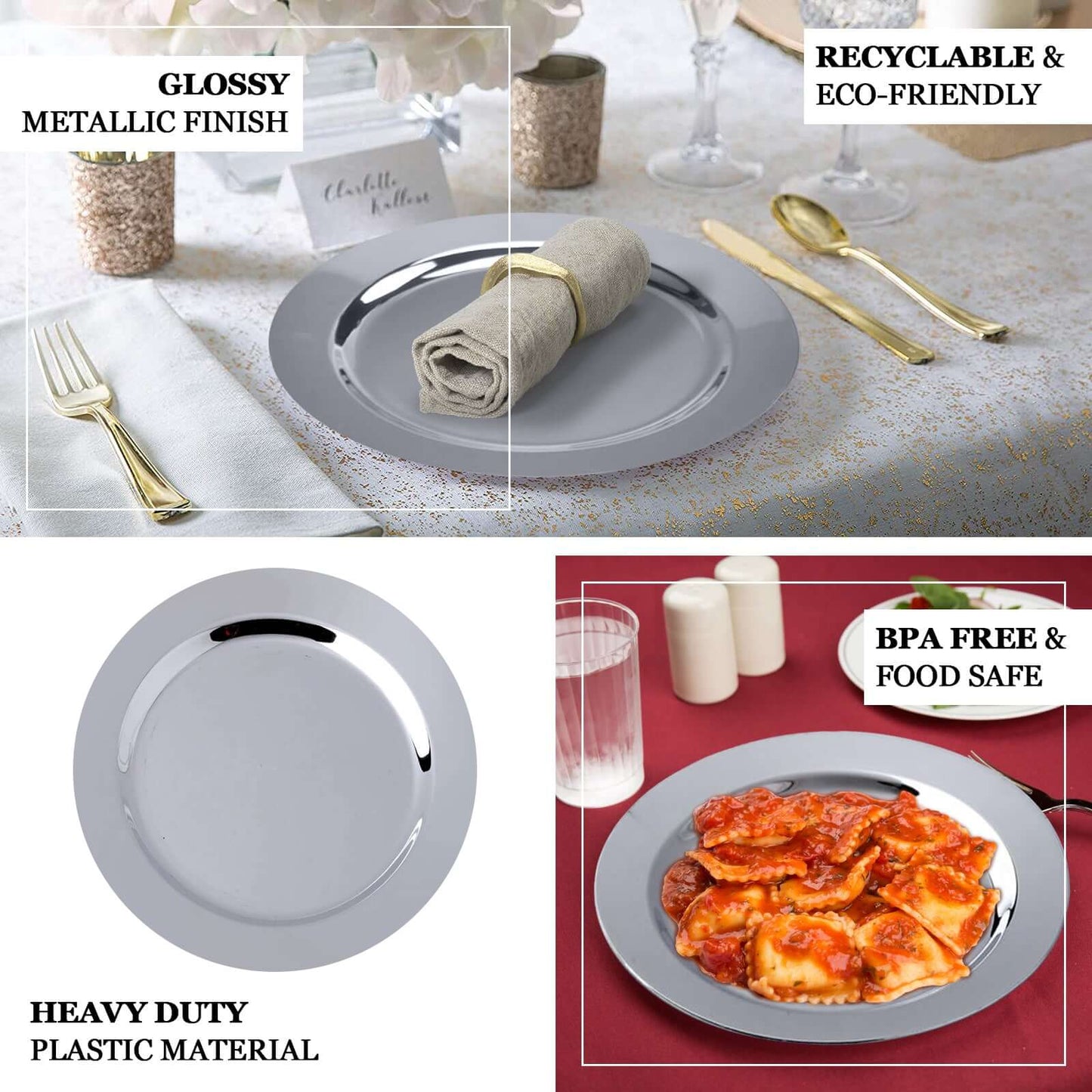 12-Pack Plastic Dessert Plates Glossy Silver with Metallic Finish - Lightweight Disposable Appetizer Plates 8"