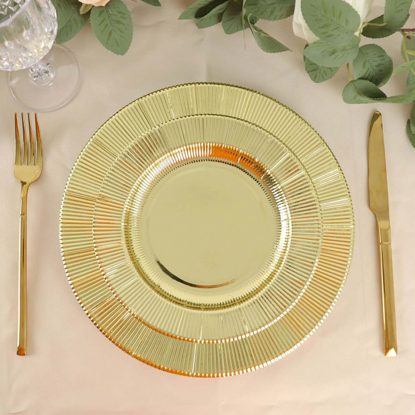 25-Pack Paper 10" Round Dinner Plates in Metallic Gold Sunray Design - Disposable Heavy Duty 350GSM Party Plates
