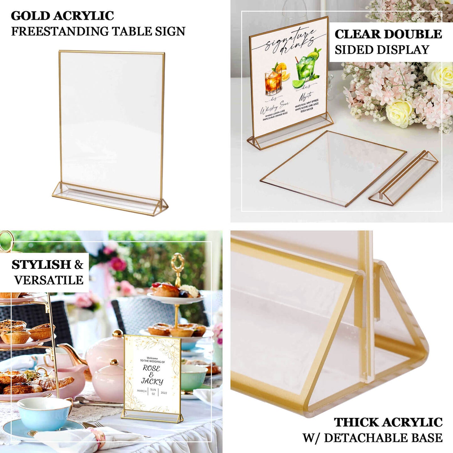 6-Pack Gold Acrylic Rectangular Frame Sign Holders Clear Double-Sided Display with White Cardboard - Suitable for Banquets 9"x11"