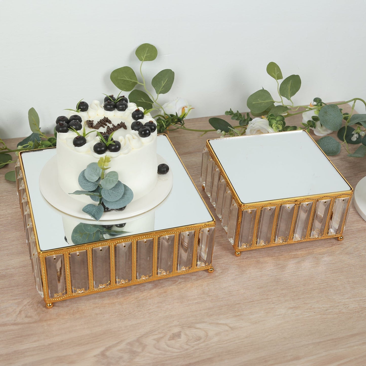 Set of 3 Gold Metal Crystal Pendant Cake Stands with Mirror Top, Stackable Square Dessert Display Trays - 7",10",12"