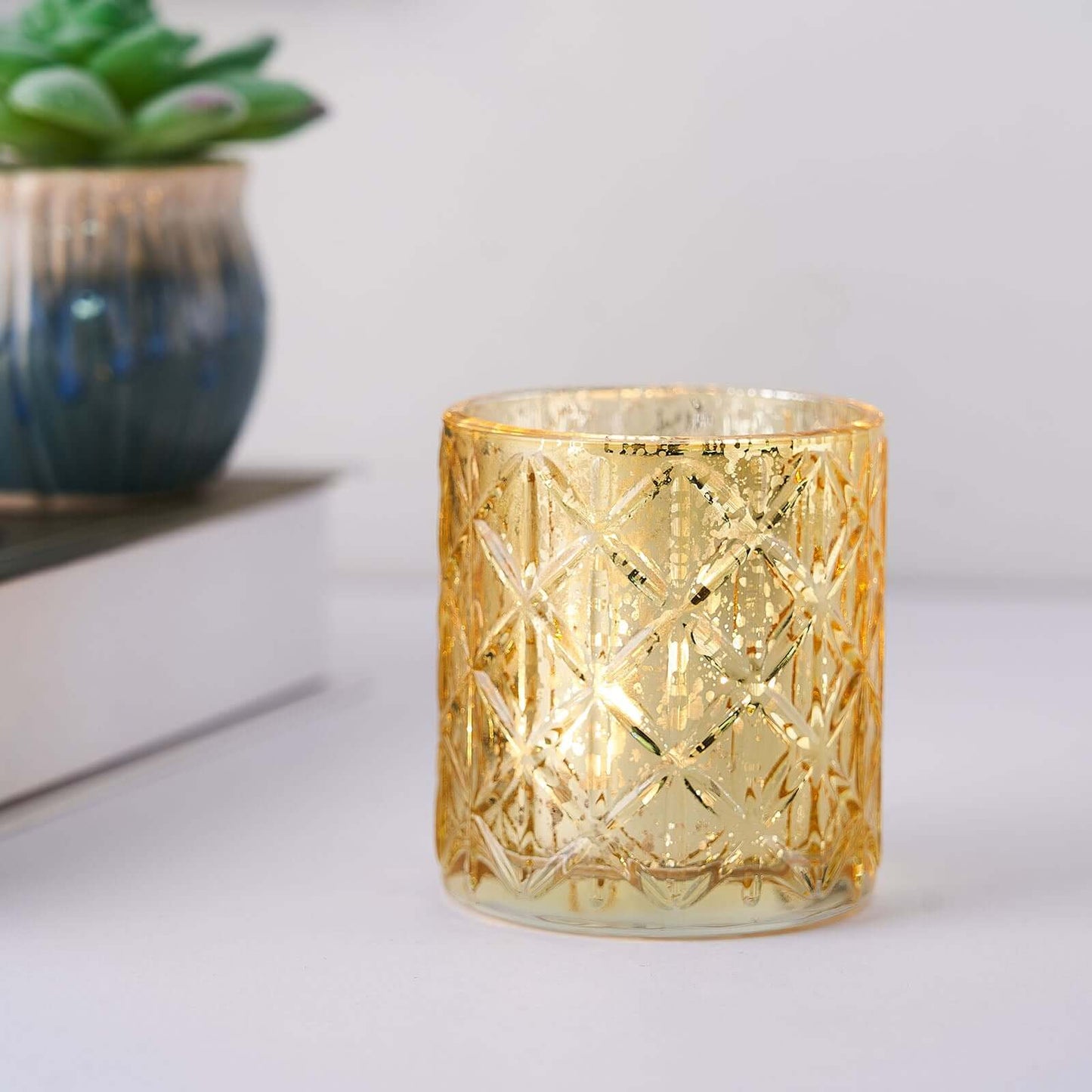 6-Pack Mercury Glass Candle Holders Shiny Gold with Geometric Design - Votive Tealight Holders 3"