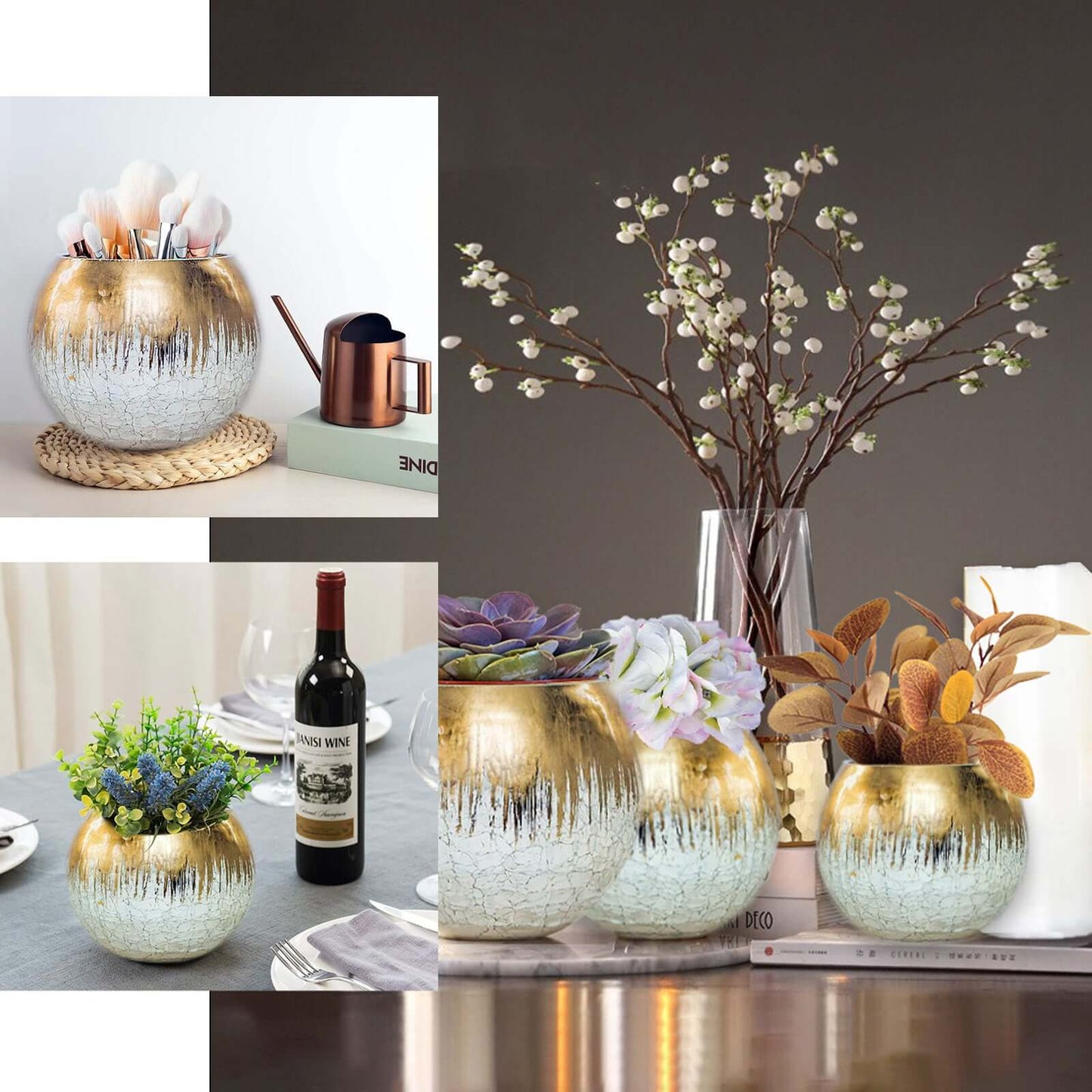 Glass Bud Vase Gold Foiled Crackle Bubble Bowl - Classy Floral Centerpiece for Weddings 4"