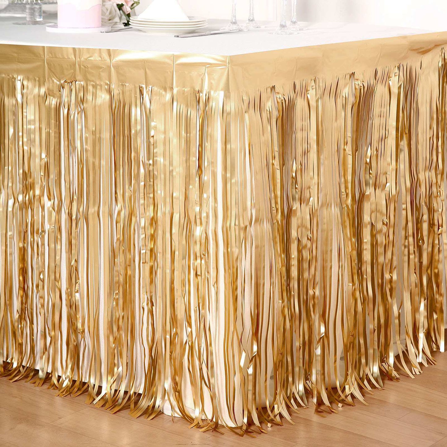 Metallic Foil Fringe Table Skirt Matte Gold with Self Adhesive Backing - Durable Tinsel Skirt for Parties 30"x9ft