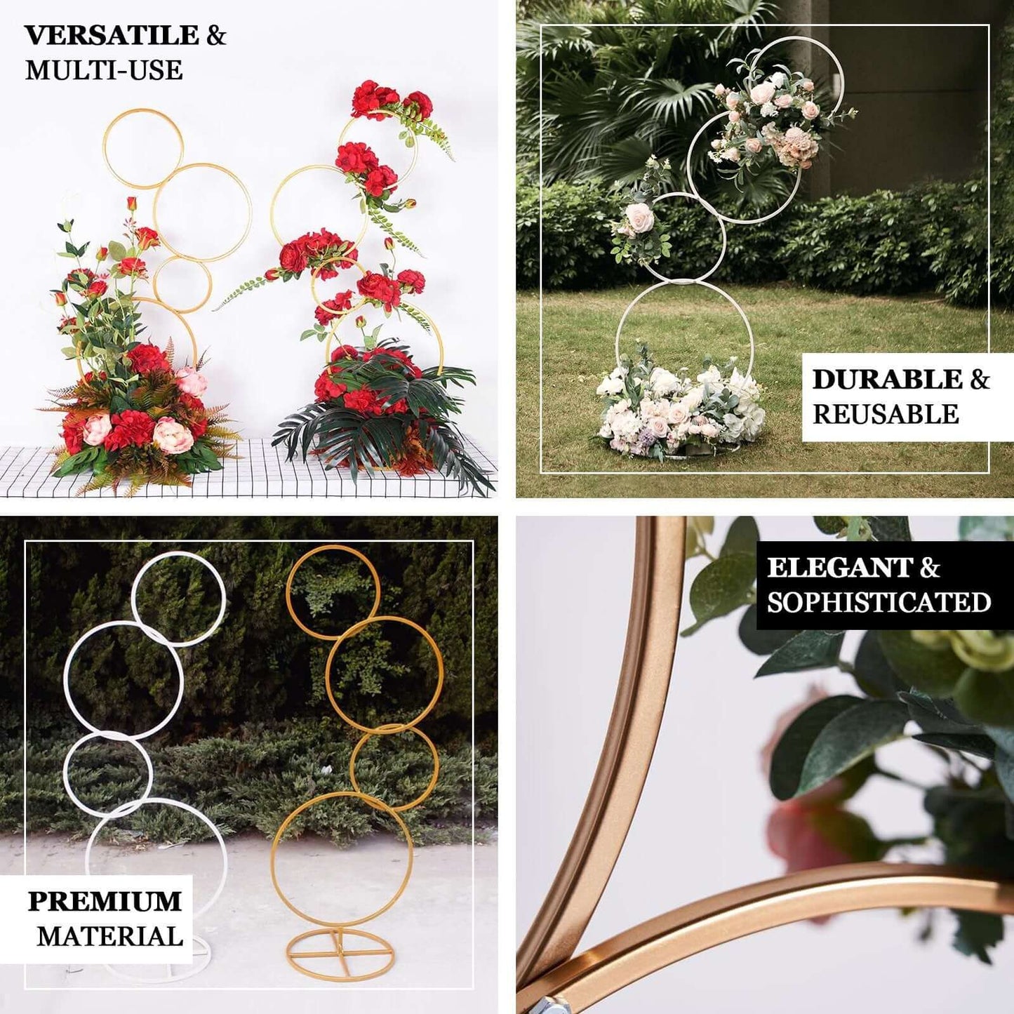 5ft 4-Tiered Gold Hoop Pillar Flower Stand, Metal Wedding Arch Table Centerpiece - Hoop Wreath