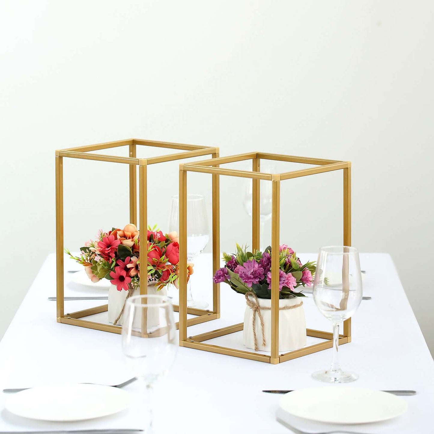 2-Pack Wedding Flower Stand Gold Metal Geometric Column Frame Rectangular - Versatile Floral Pedestal for Sophisticated Arrangements 12"