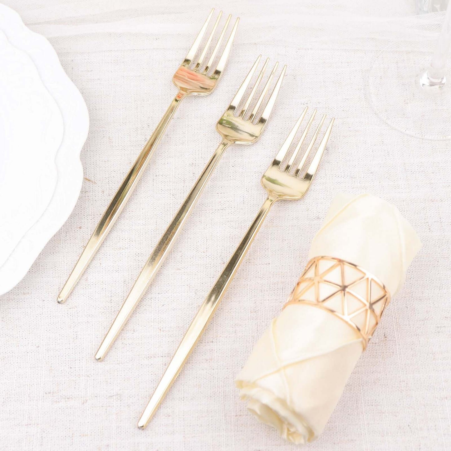 24 Pack 8" Glossy Gold Heavy Duty Plastic Silverware Forks Cutlery, Premium Disposable Sleek Flatware