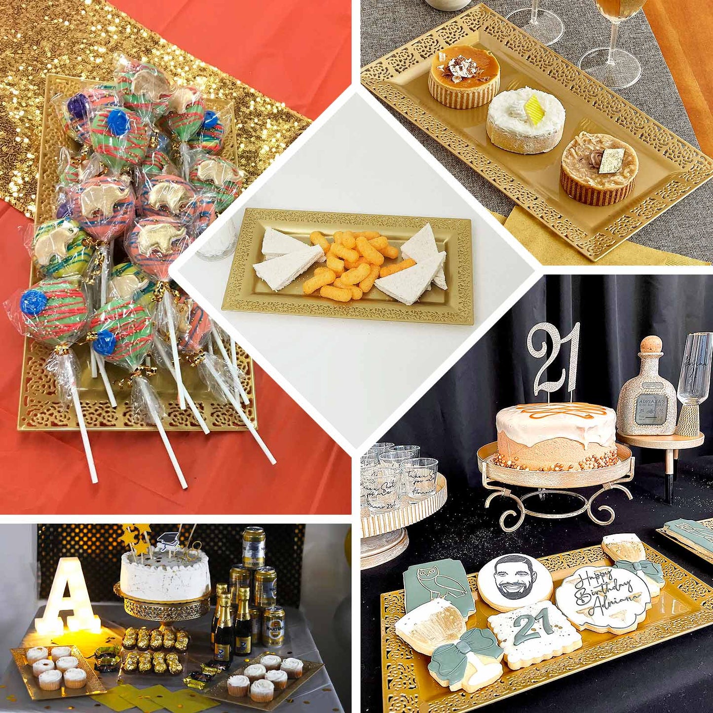 4-Pack Plastic 14" Rectangle Serving Trays Gold with Lace Rim - Chic Decorative Table Tray Platters for Buffets Banquets Dinner Parties