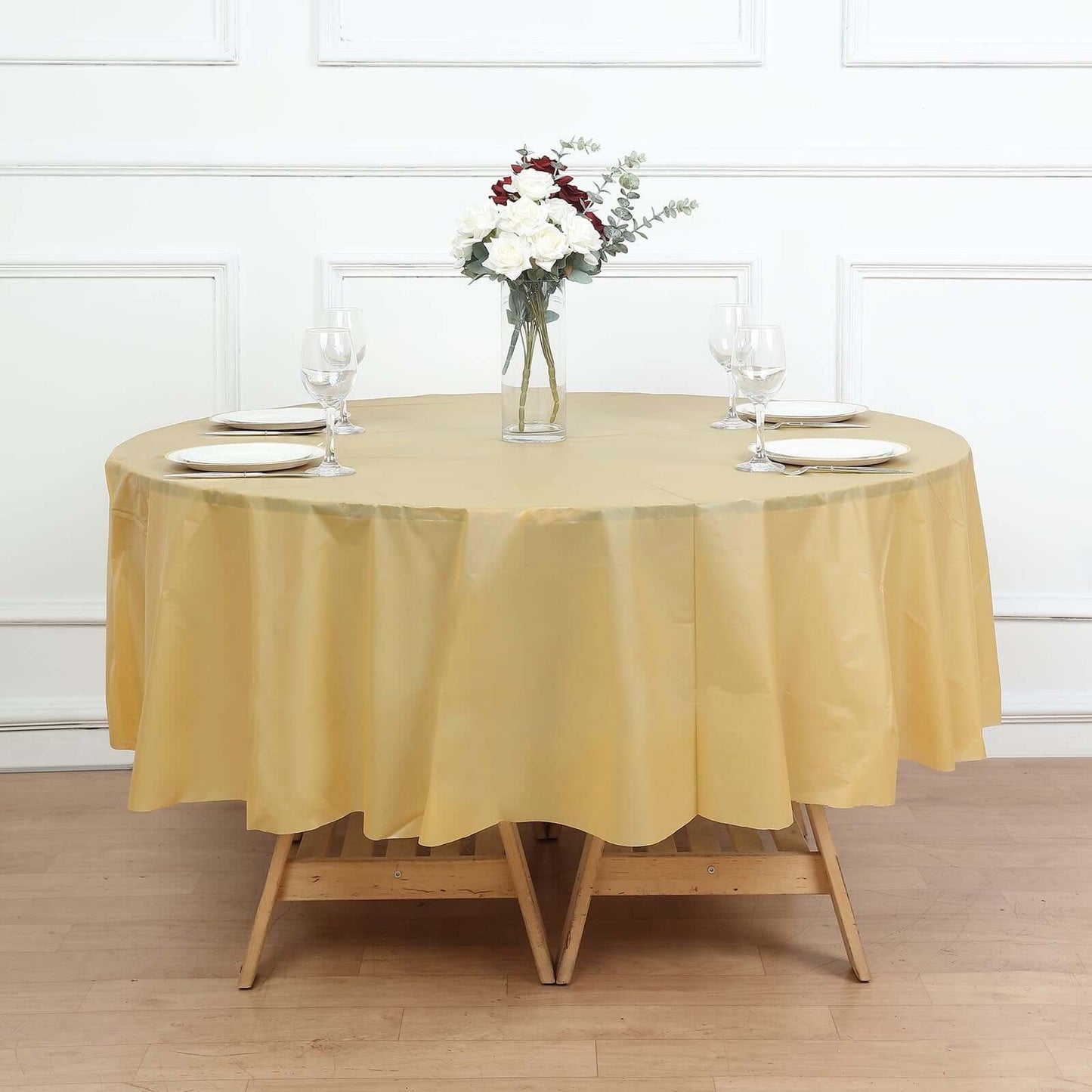 5-Pack Plastic Table Covers Gold Round - Durable PVC Disposable Tablecloths for Events 84"