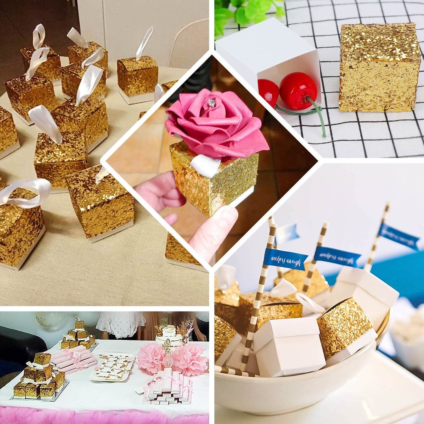 25 Pack 2" Gold Sequin Glitter Party Favor Boxes With White Ribbon Loop, Wedding Favor Gift Boxes, Candy Cases
