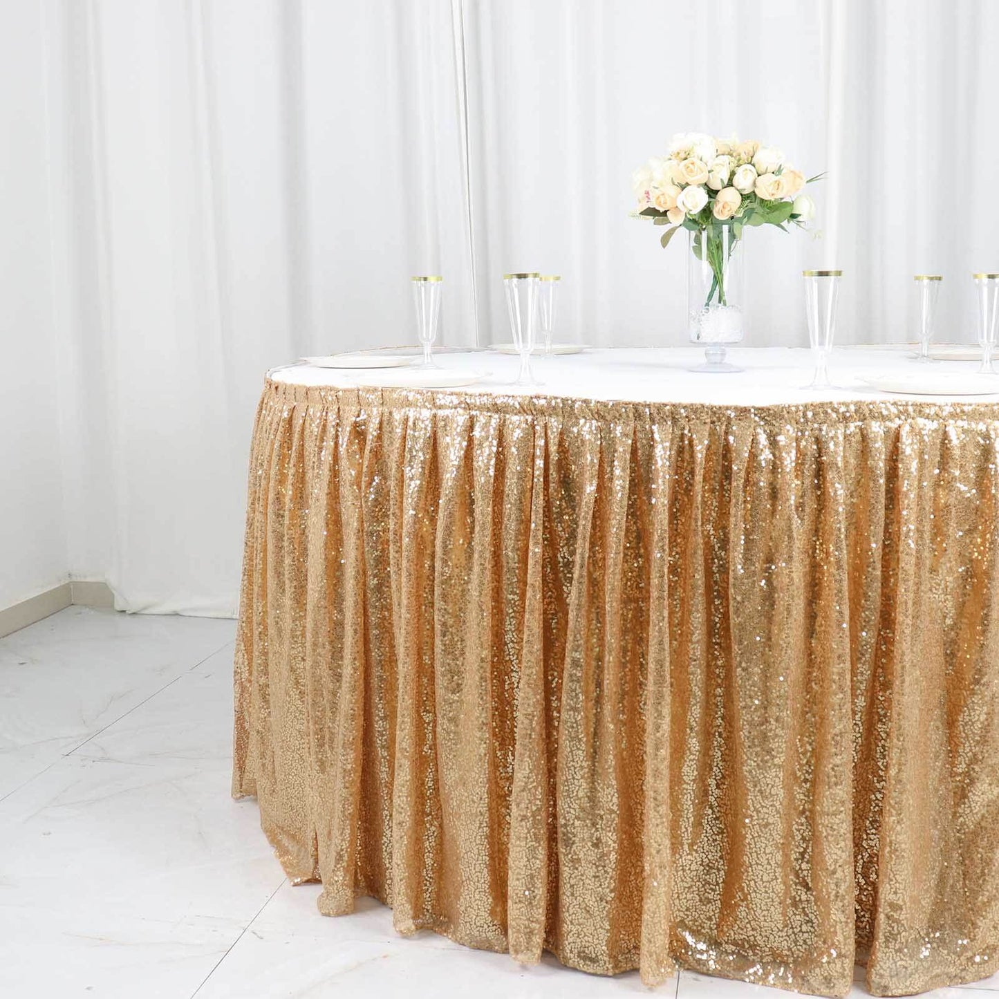 Sequin 17ft Table Skirt Gold - Pleated Satin With Top Velcro Strip - Glitzy Event Decoration