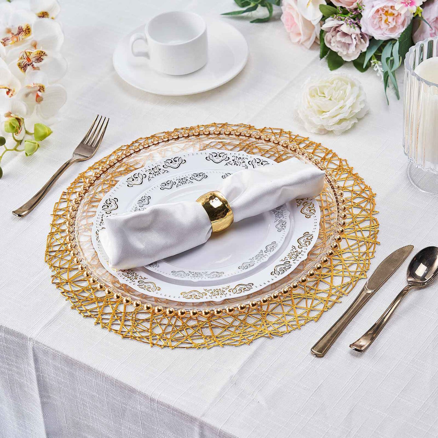 6-Pack Vinyl Placemats Gold Woven Design - Durable Non-Slip Round Table Mats for Dining 15"