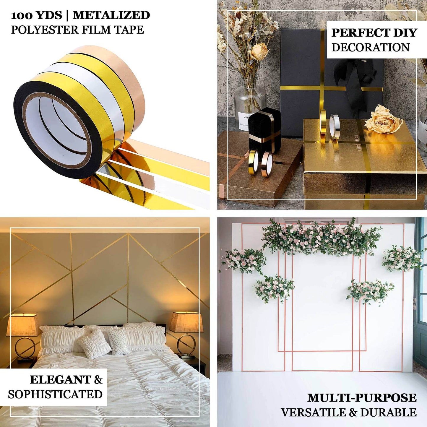 100 Yds 3/8" Gold Metallic Film Tape Adhesive, DIY Floral Wrap Craft Decor Tape - Polyester with Acrylic