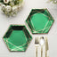 25-Pack Paper 7" Hexagon Dessert Plates in Hunter Emerald Green with Gold Geometric Lines & Rim - Stylish Disposable Geometric 300GSM Appetizer Salad Plates