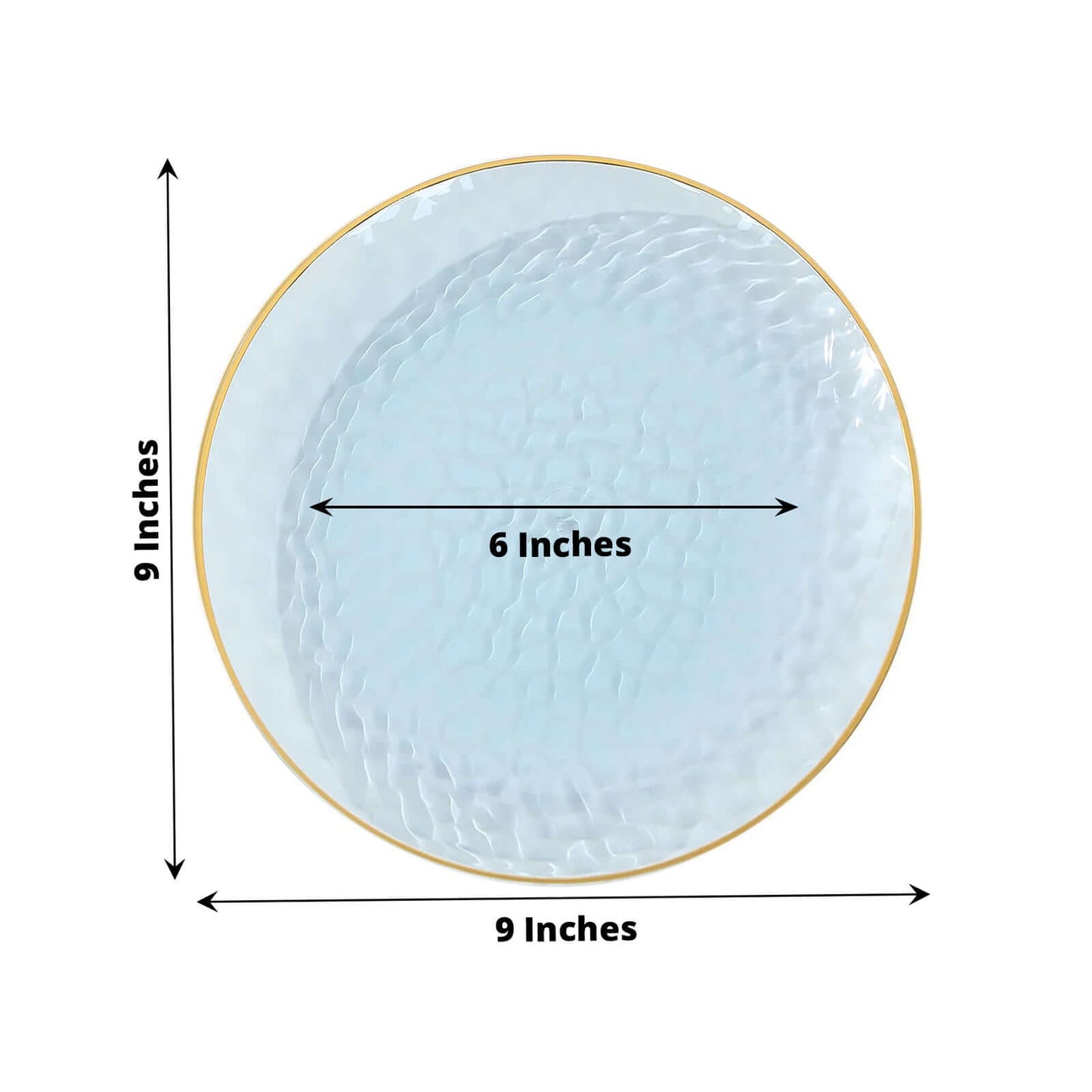 10-Pack Plastic 9" Round Dinner Plates in Transparent Dusty Blue Hammered Design with Gold Rim - Modern Disposable Party Plates