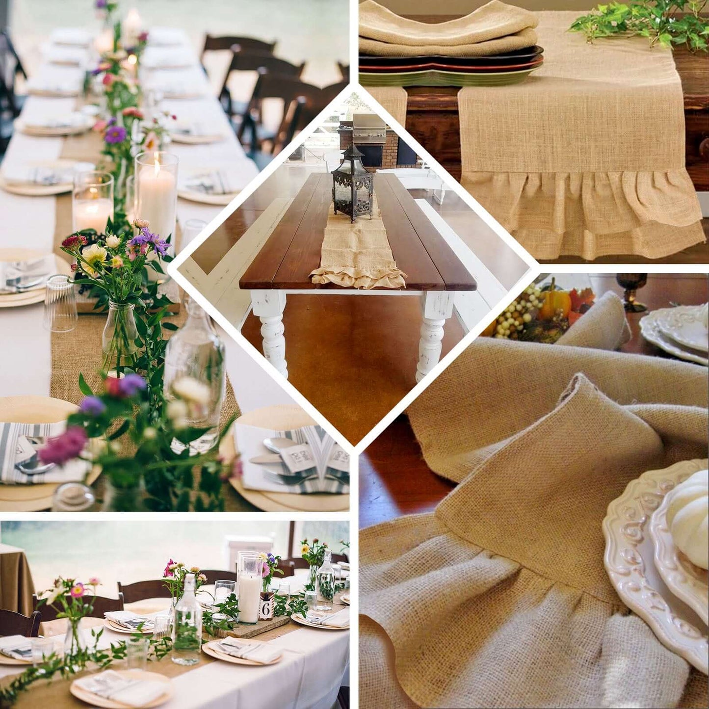 Burlap Jute 14"x108" Table Runner Natural with Ruffled Edges - Rustic Boho Chic Tabletop Decor