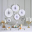 Set of 8 Silver White Hanging Paper Fan Decorations, Pinwheel Wall Backdrop Party Kit - 4", 8", 12", 16"