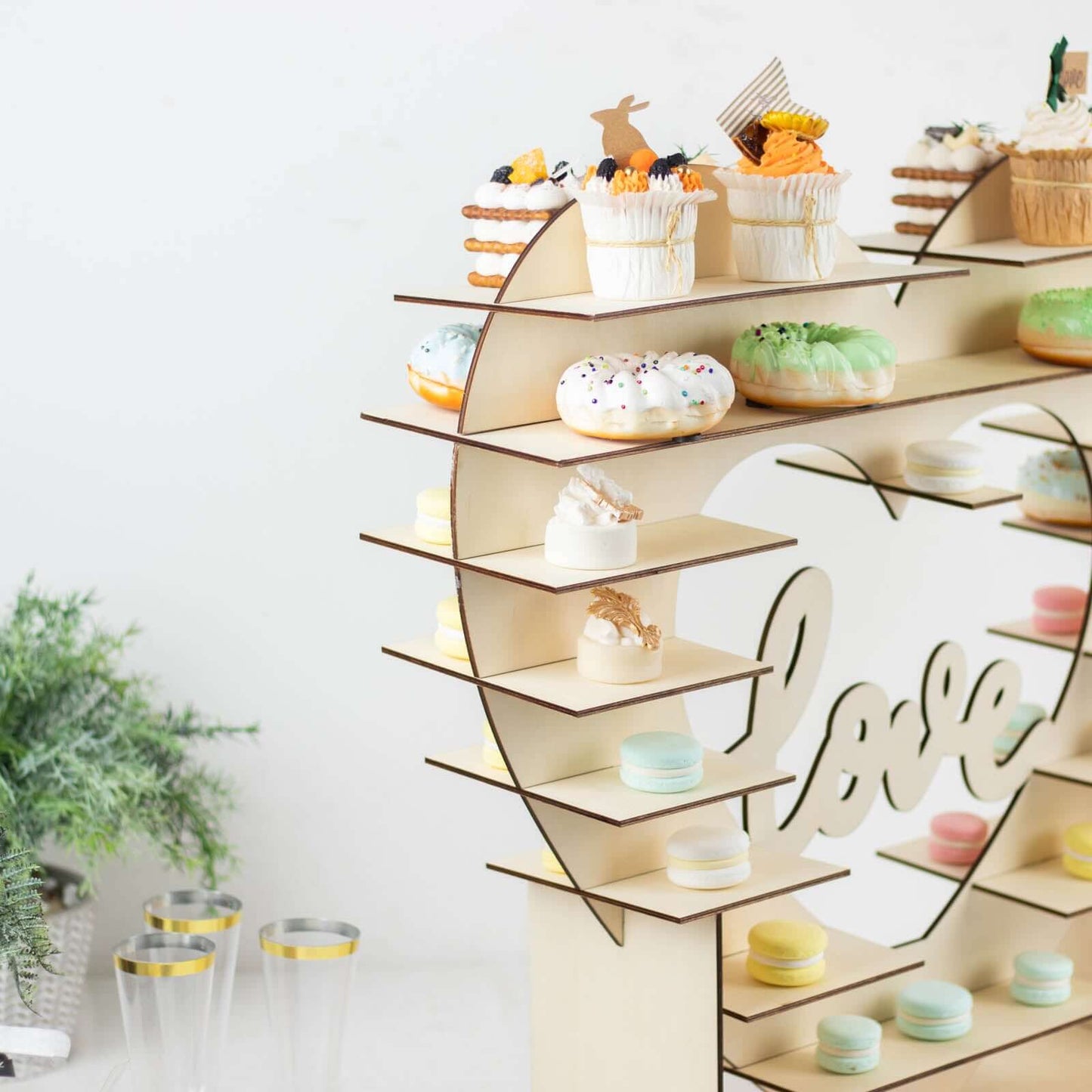 8-Layer Wooden Dessert Display Stand Heart Shaped Double Sided Design Natural - "Love" Cupcake Shelf Table Rack 26"