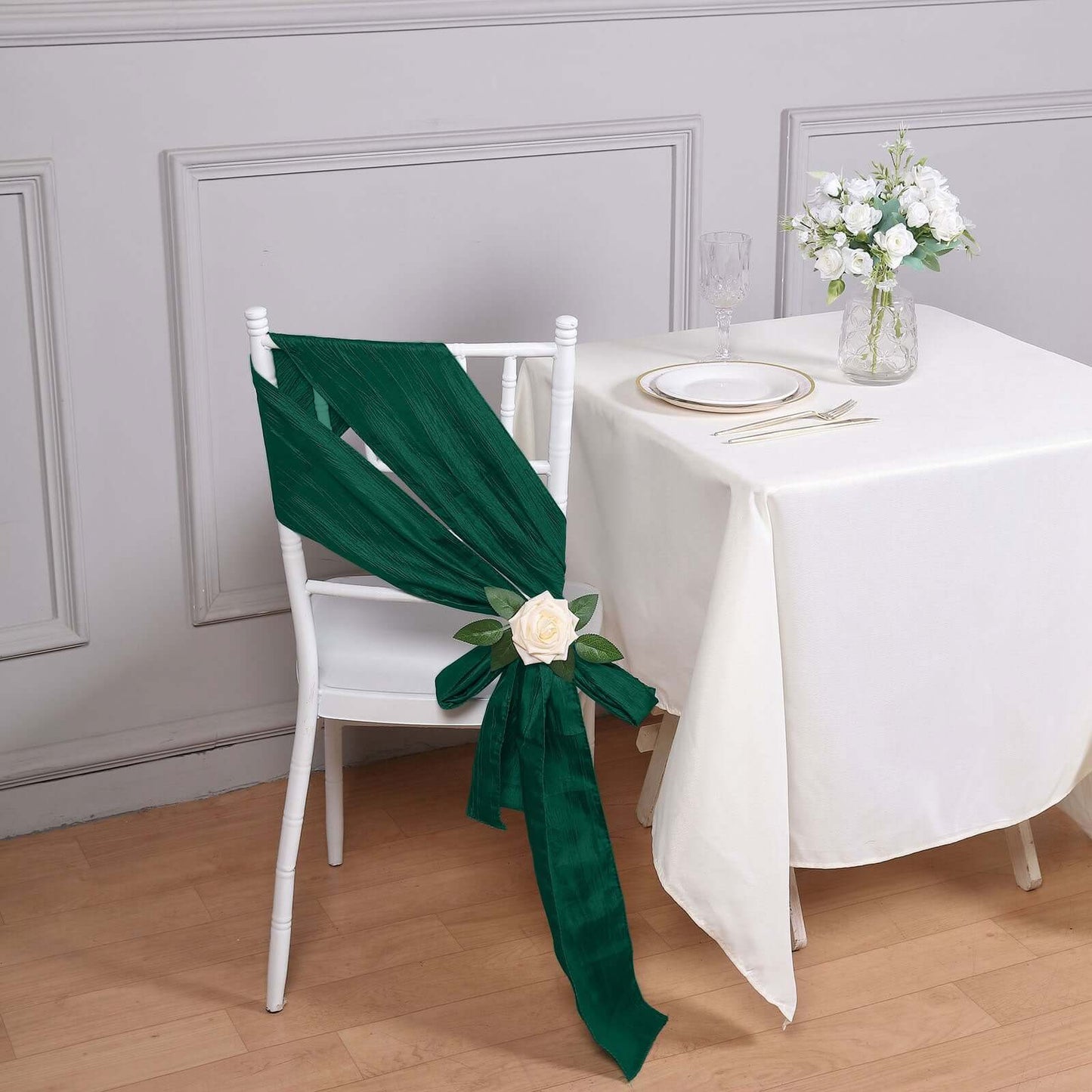 5 Pack Taffeta 6"x106" Chair Sashes Hunter Emerald Green Accordion Crinkle Texture - Stylish Decor for Weddings & Gatherings