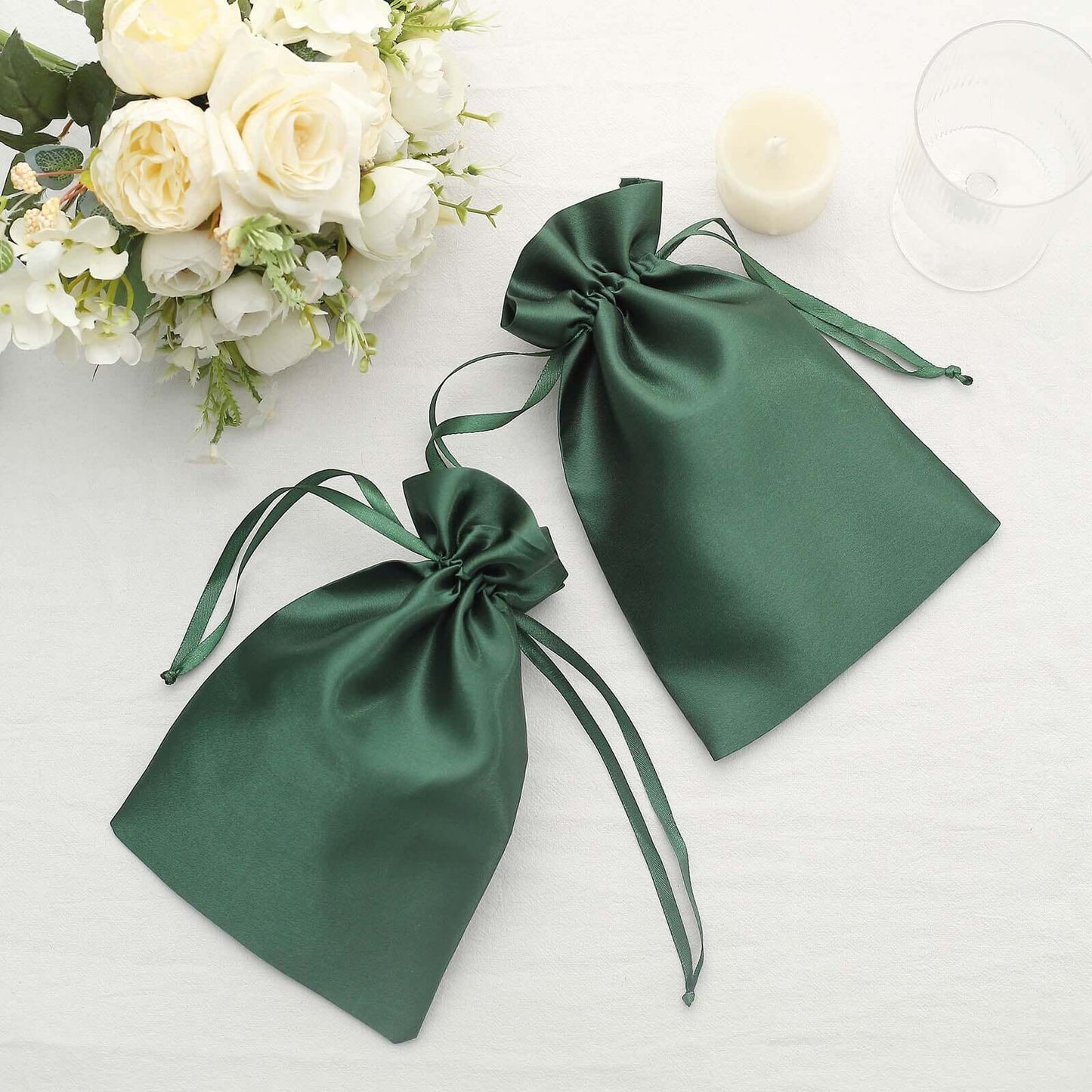 12 Pack 6"x9" Hunter Emerald Green Satin Wedding Party Favor Bags, Drawstring Pouch Gift Bags